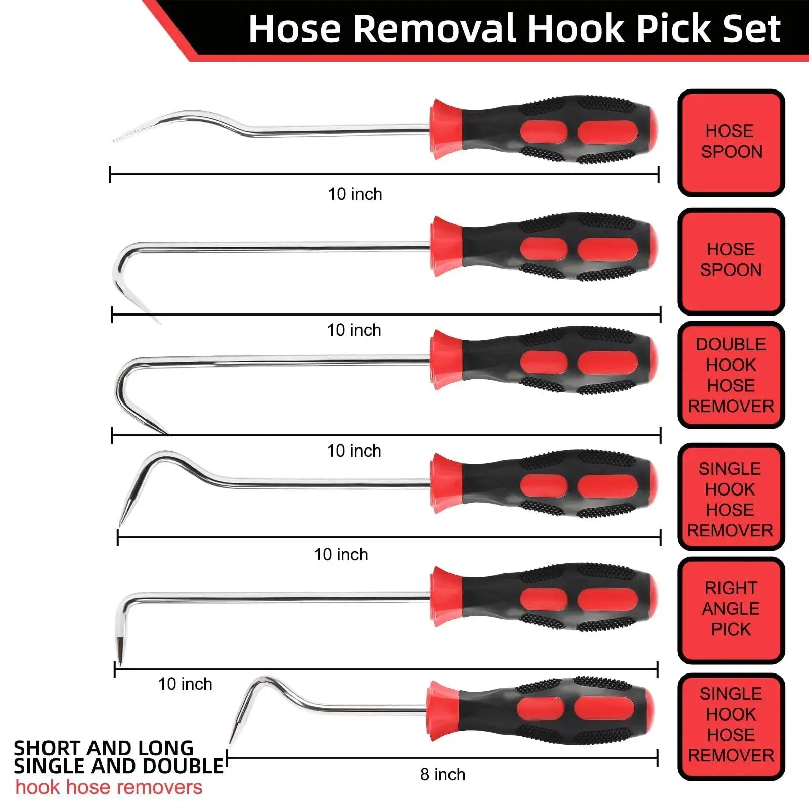 Hose Removal Hook Set 6 Pack for Radiator Hoses 10in and 8in Puller Tools with various hook designs displayed.