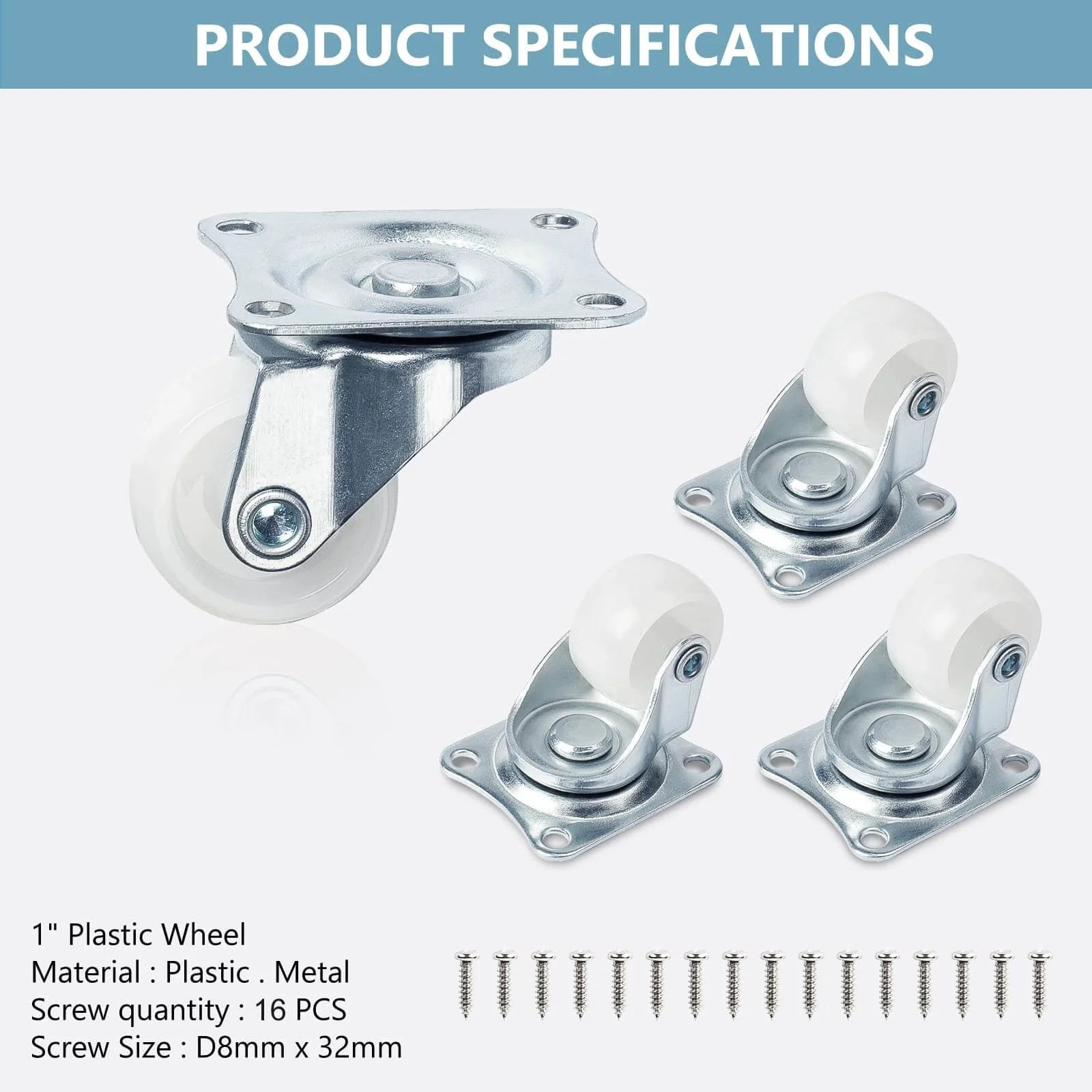 1" Low Profile Caster Wheels Set of 4 - Quiet Polyurethane Casters for Furniture, 360° Swivel Plate Design, Each Holds 22 lbs, Smooth Rolling, No Noise.