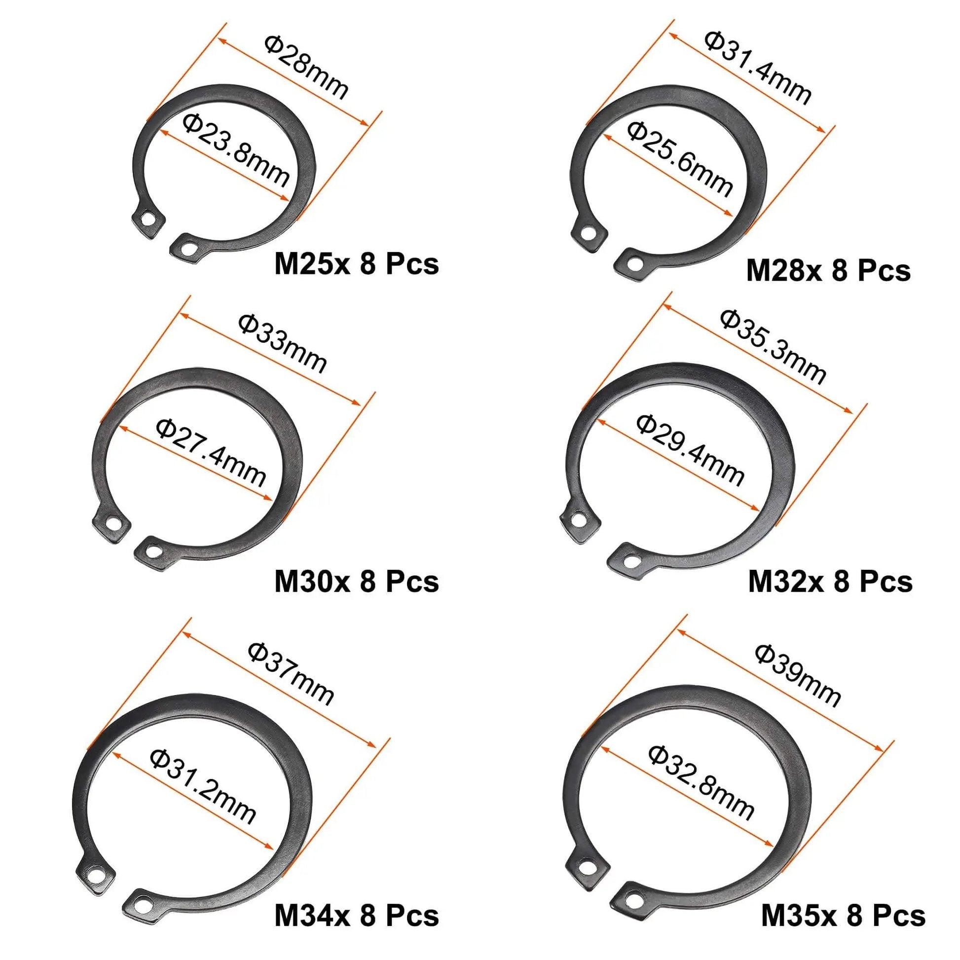 External Retaining Ring Kit 88 Pcs 11 Sizes Carbon Steel Snap Ring Assortment with dimensions 25mm to 47mm visible