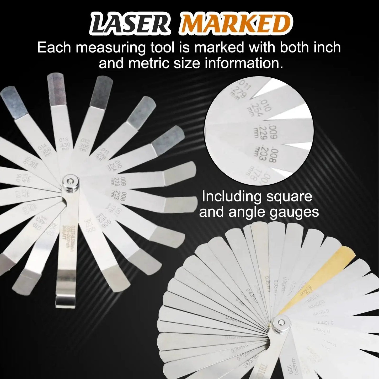 Stainless Steel Feeler Gauge Set With 48 Blades Two Piece Kit Including 16 Angled And 32 Straight Blades Copper Plates Laser Etched