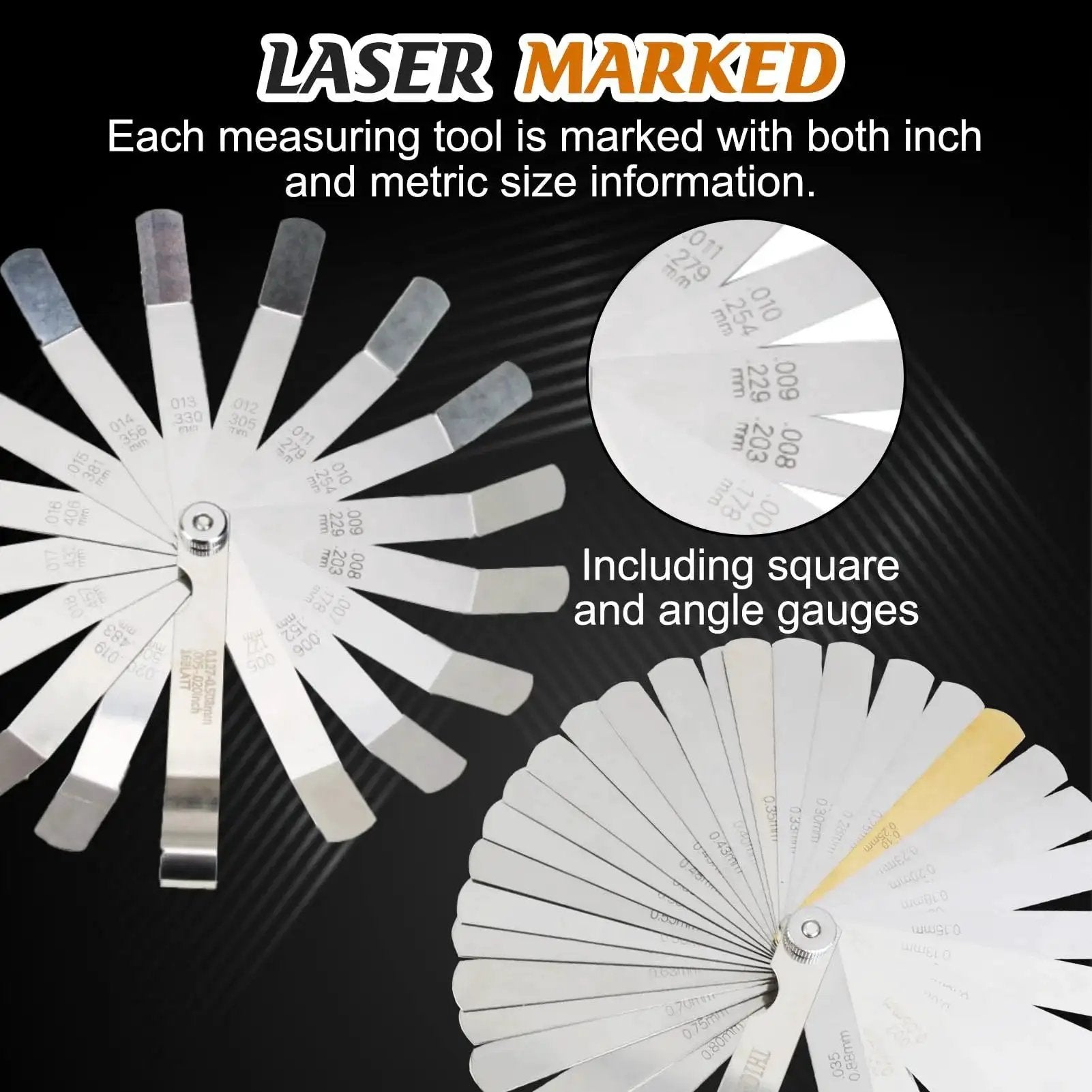 Stainless Steel Feeler Gauge Set With 48 Blades Two Piece Kit Including 16 Angled And 32 Straight Blades Copper Plates Laser Etched