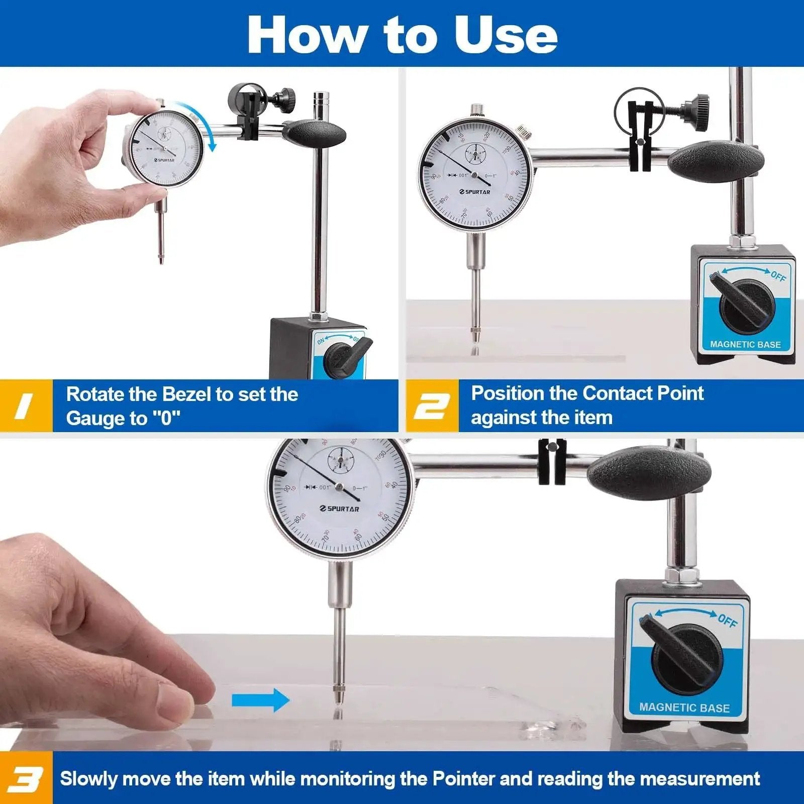 Instructions for using Dial Indicator With Magnetic Base For Precision Alignment And Measurement 0 To 1 Inch Range, 0.001 Inch Resolution