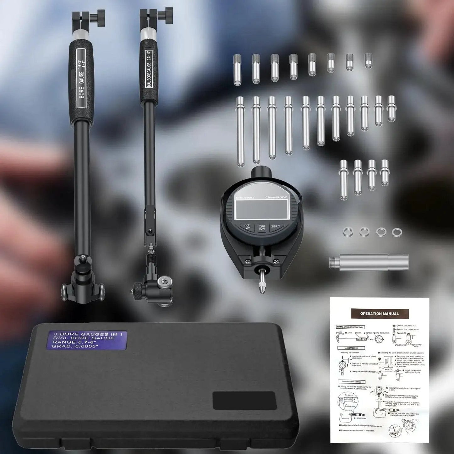 Digital Bore Gauge Set With LCD Dial Indicator For Engines, 6 Inch Depth, Measuring Range 0.7 To 6 Inches, 0.0005 Inch Precision, 23 Anvils