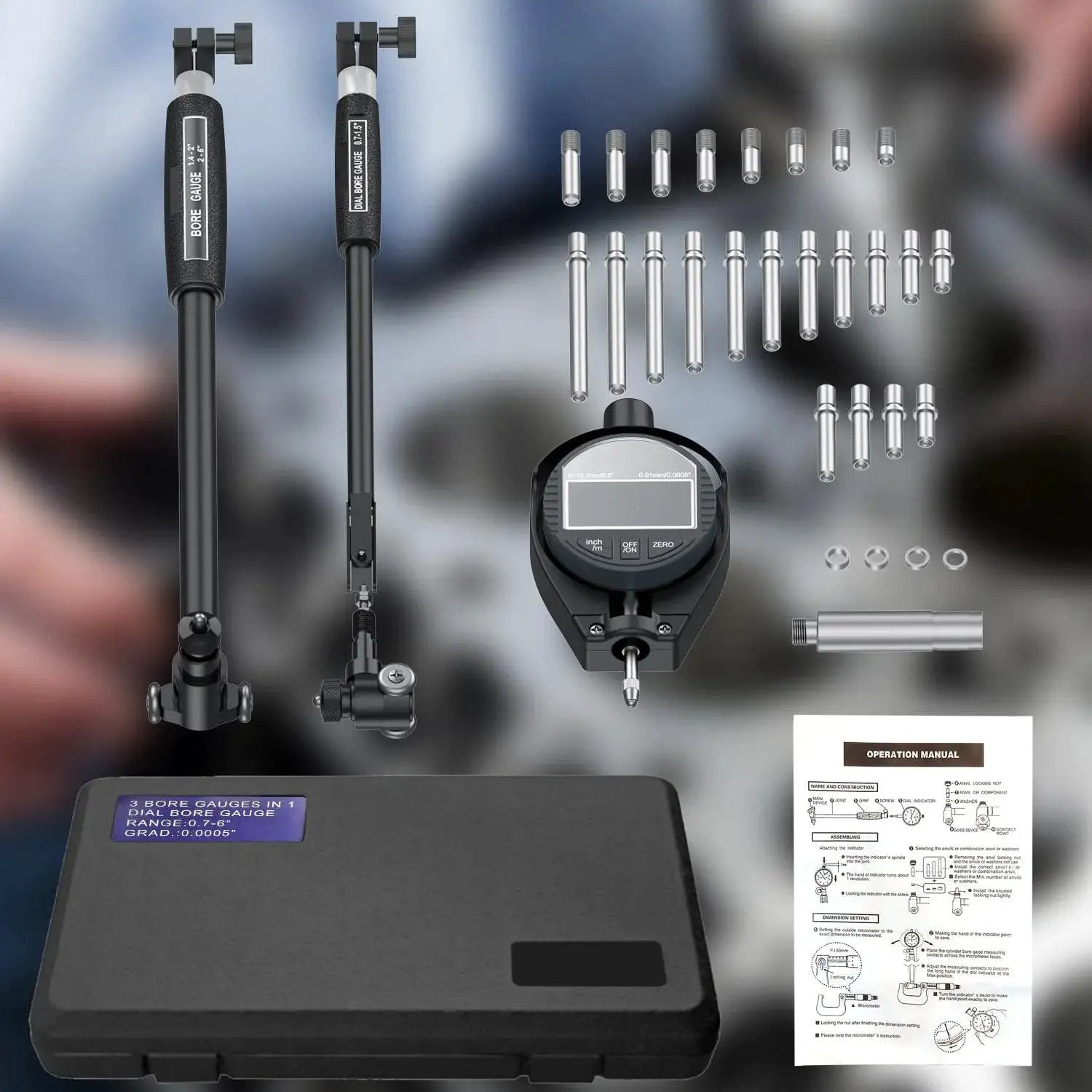 Digital Bore Gauge Set With LCD Dial Indicator For Engines, 6 Inch Depth, Measuring Range 0.7 To 6 Inches, 0.0005 Inch Precision, 23 Anvils