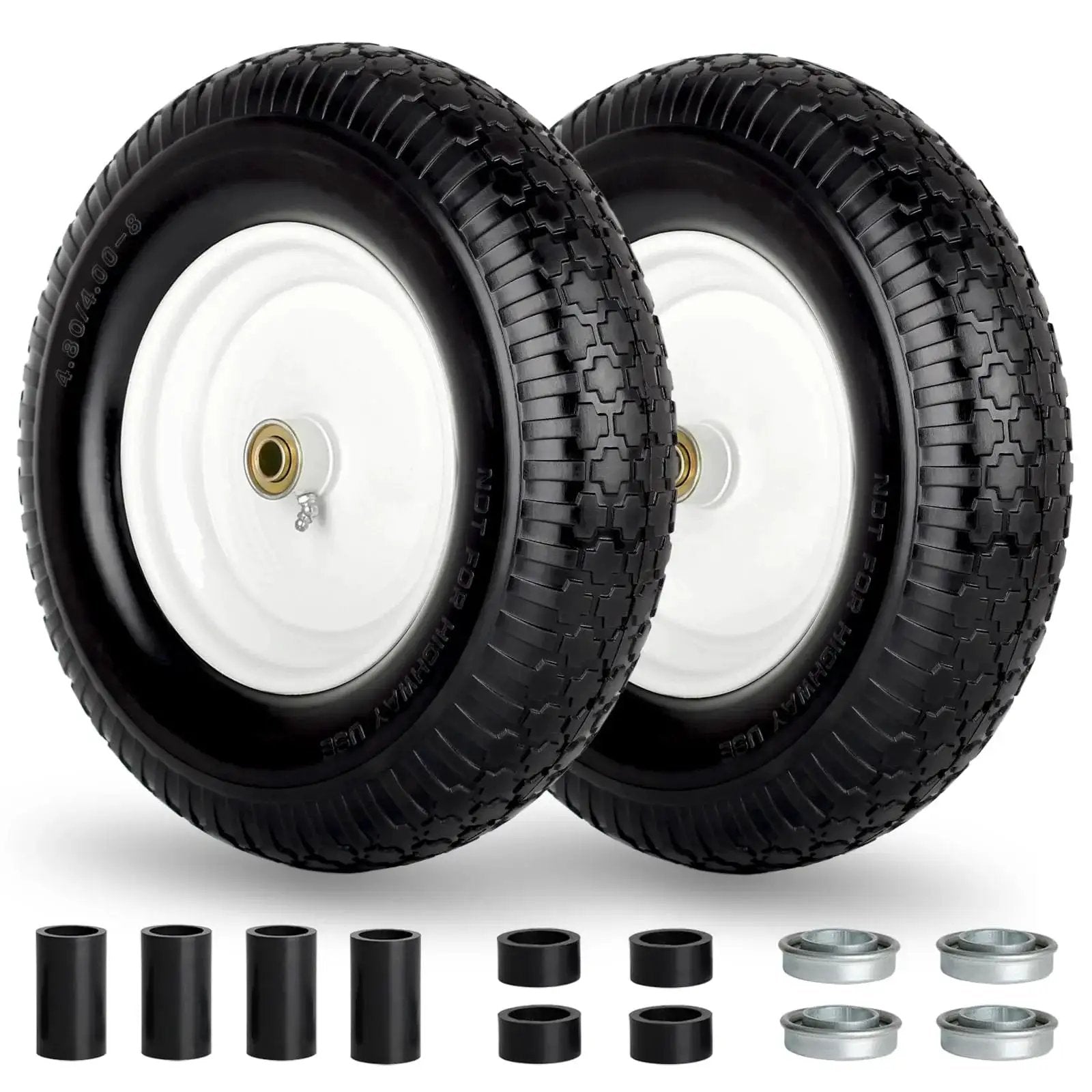 16 Inch Flat Free Solid Tire And Wheel For Wheelbarrows And Carts Size 4.80 4.00 8 With 3 Inch Centered Hub And 5/8 Inch Axle Bore