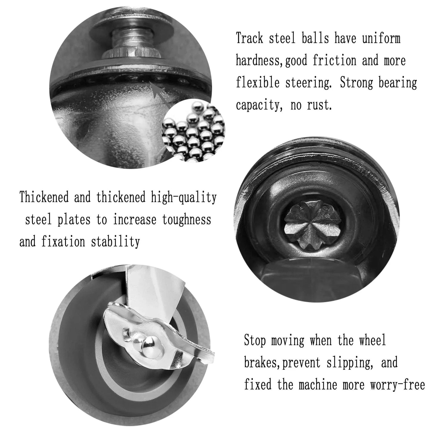 Heavy Duty 3 Inch Stem Casters Set Of 4 With Brakes, swivel wheels with detailed parts and steel ball bearings illustration