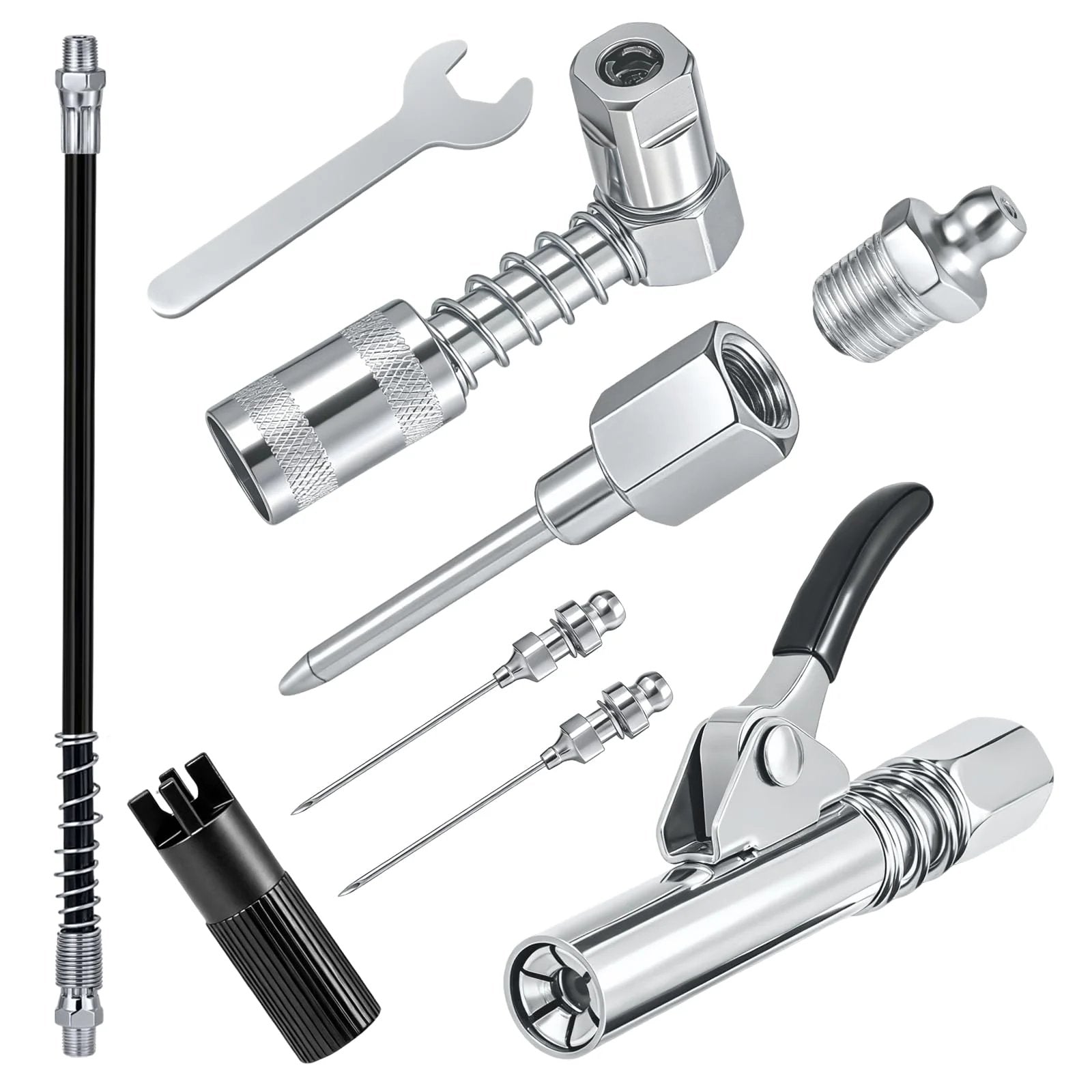 Grease Gun Fittings Accessory Kit Pro Grade With 90 Degree Grease Coupler Adapter And Sleeves, includes wrenches and needles.