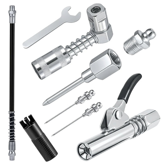 Grease Gun Fittings Accessory Kit Pro Grade With 90 Degree Grease Coupler Adapter And Sleeves, includes wrenches and needles.