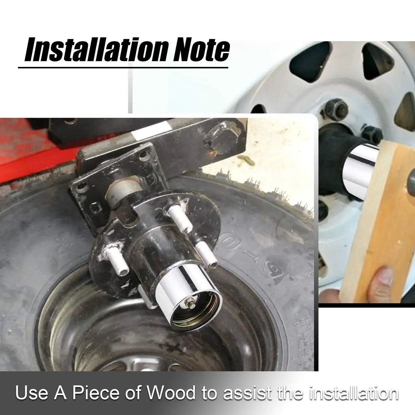 Installation view of 1.98 Inch Bearing Protectors With Chromed Protective Bras For Trailer Wheels, Universal Fit 2 Pack