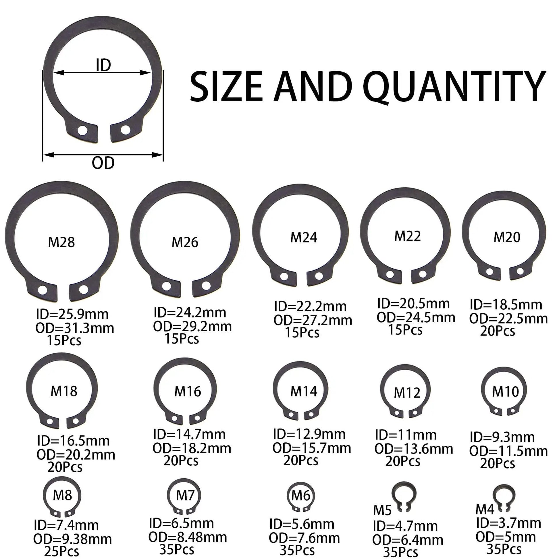 340Pcs Snap Ring Kit External Circlip Retaining Clip Rings Set Alloy Steel 65Mn 15 Sizes From 4mm To 28mm Rust Resistant Diagram