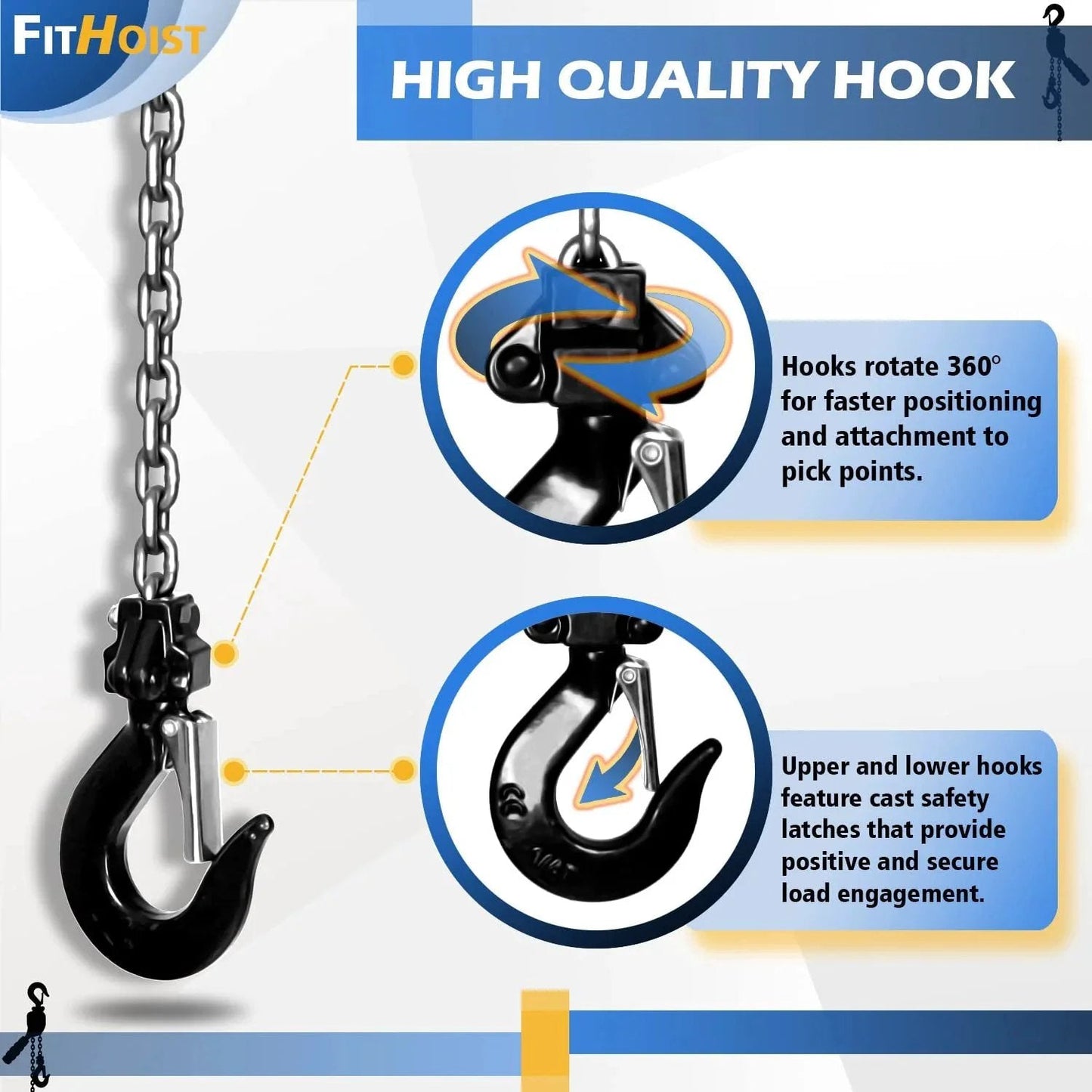 Close-up of Mini Chain Hoist Quarter Ton Lift Capacity 550 Lbs with 10 Ft Lift Alloy Steel G80 Chain and heavy duty hooks