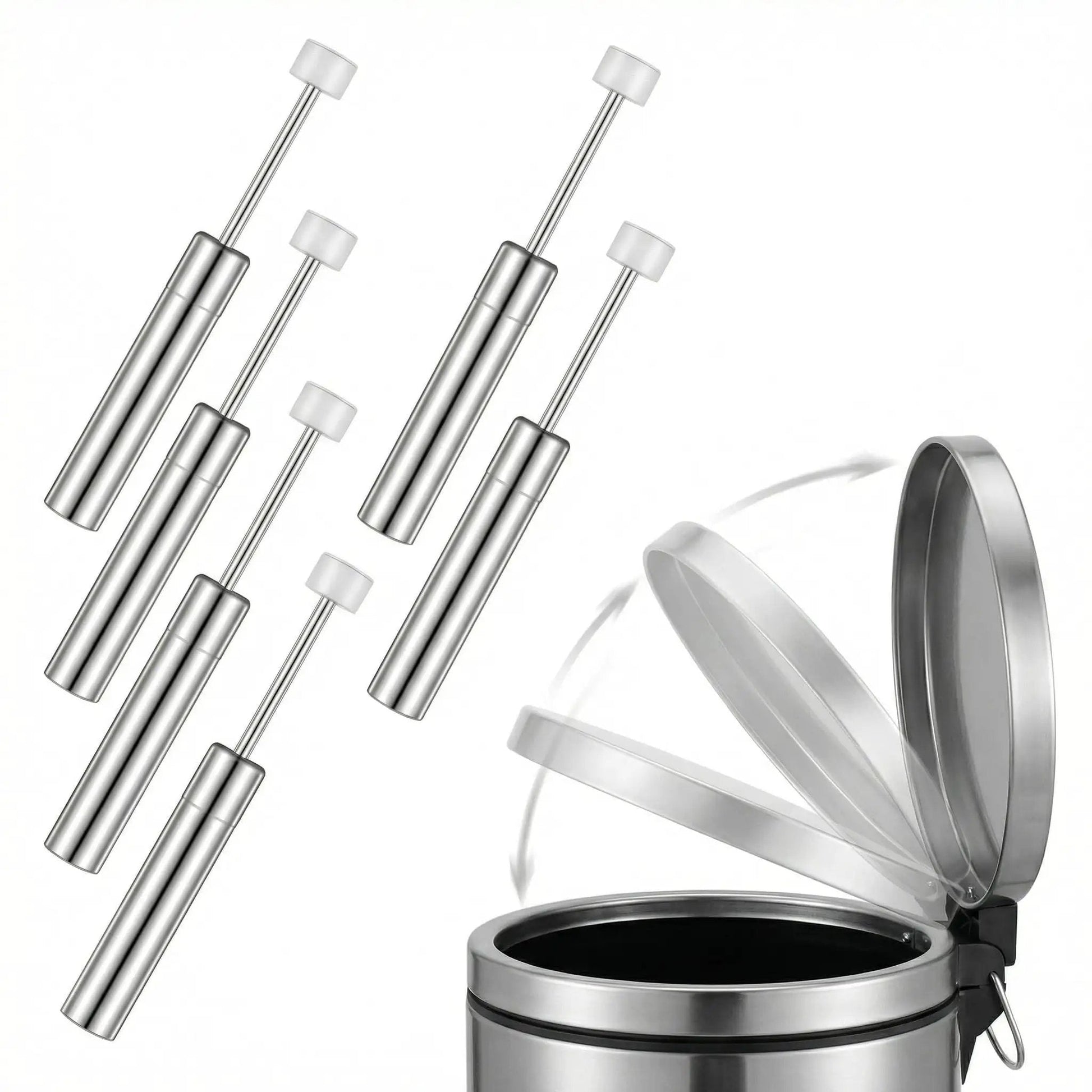 Soft Close Trash Can Dampers Pack Of 6 Replacement Hydraulic Dampers next to trash can demonstrating smooth whisper quiet closure