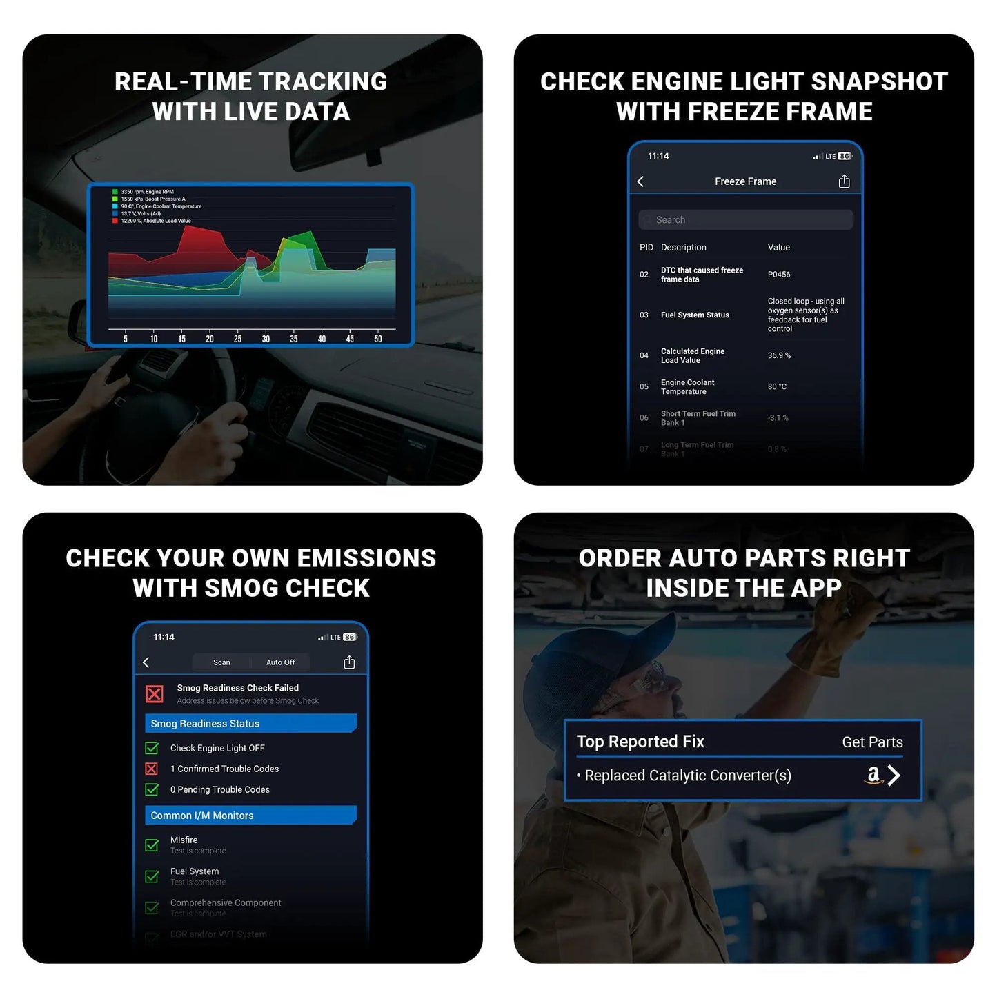 Screens showing features of Pro Bluetooth OBDII Car Diagnostic Tool for iPhone and Android No Subscription Fee Reads and Clears Codes for Check Engine ABS SRS Airbag and 7000 Plus Issues BlueDriver.