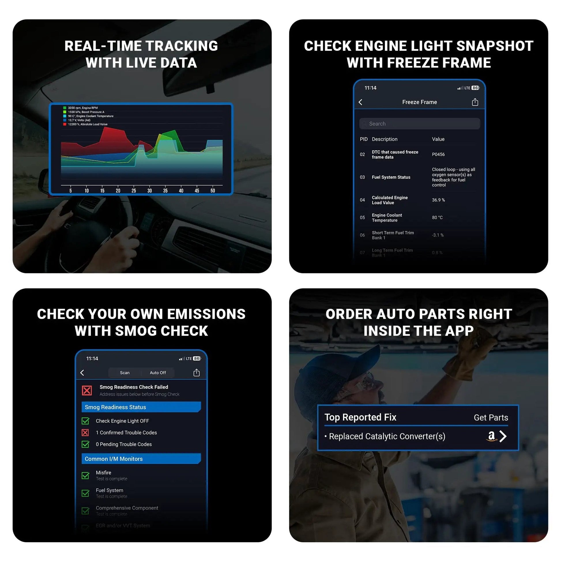 Professional OBD2 Bluetooth Car Scanner For iPhone And Android Read And Clear Codes Diagnose Check Engine ABS SRS Airbag 7000 Plus Vehicle Issues 1996 And Newer No Subscriptions BlueDriver app screens showing diagnostics and data tracking