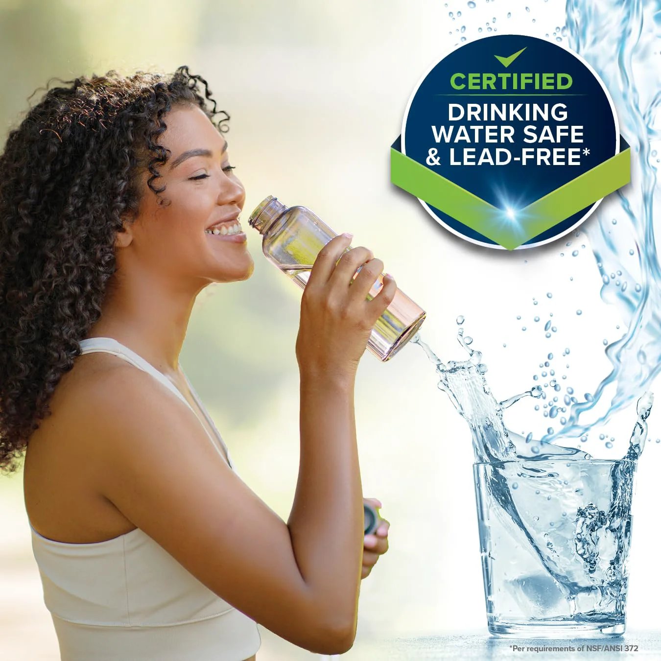 Woman drinking from bottle with glass of water, certified drinking water safe and lead-free label