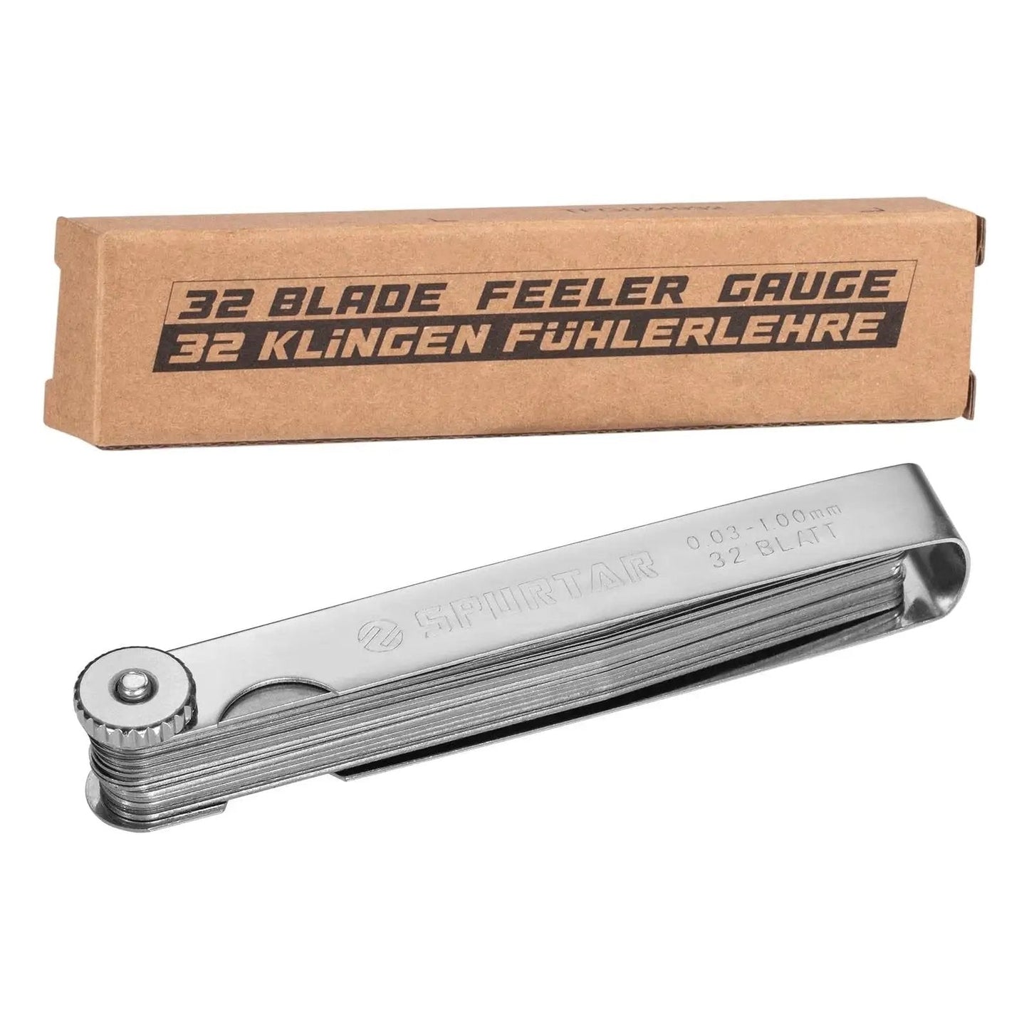 Dual Marked Feeler Gauge Set With 32 Tapered Stainless Steel Blades From 0.001 To 0.04 Inches SAE And Metric Readouts, foldable case