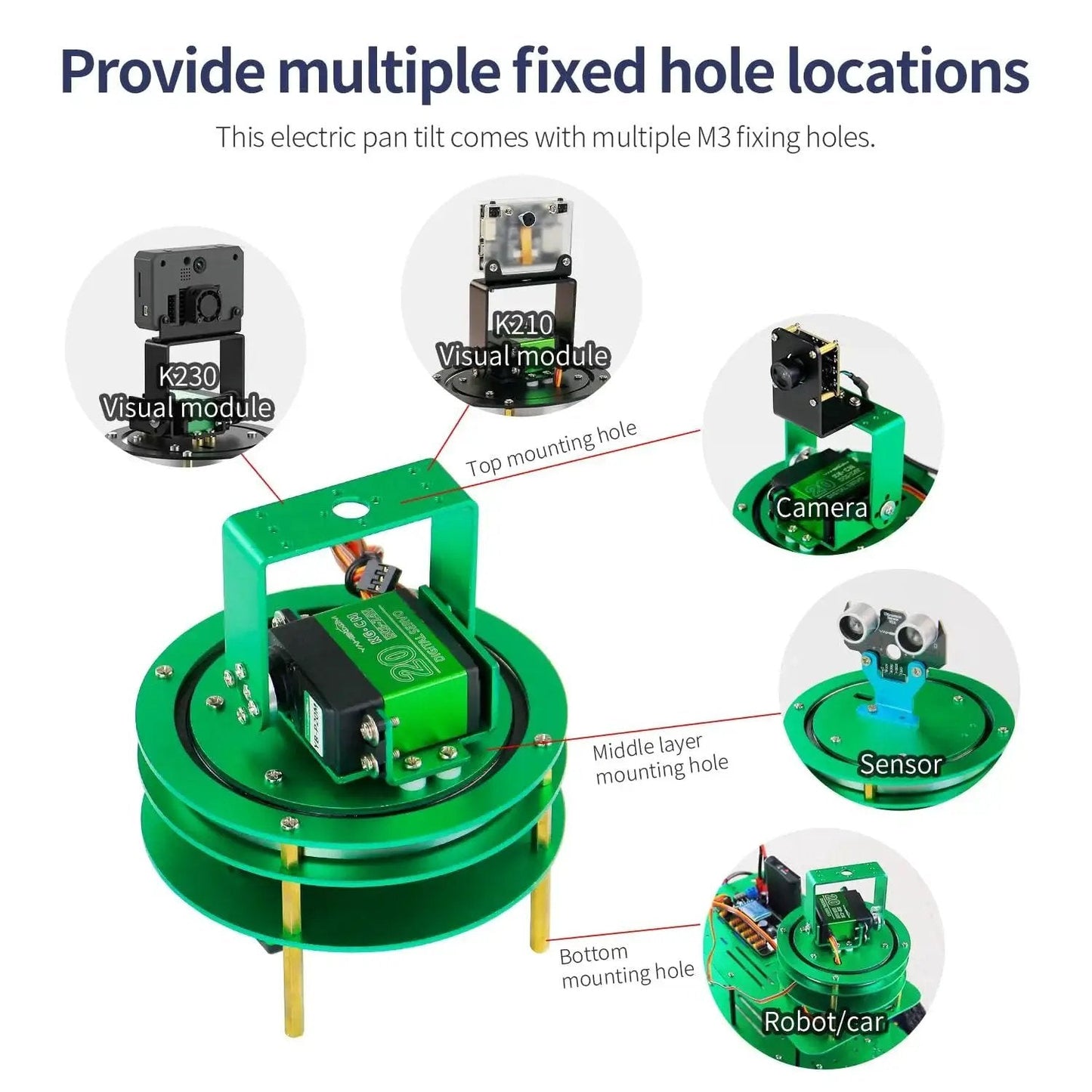 Dope 2-DOF Pan Tilt Servo Kit with M3 hole options for cameras and sensors, aluminum gimbal platform for DIY robots and electronics