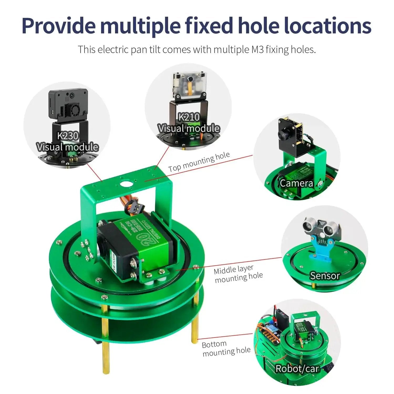Dope 2-DOF Pan Tilt Servo Kit with M3 hole options for cameras and sensors, aluminum gimbal platform for DIY robots and electronics