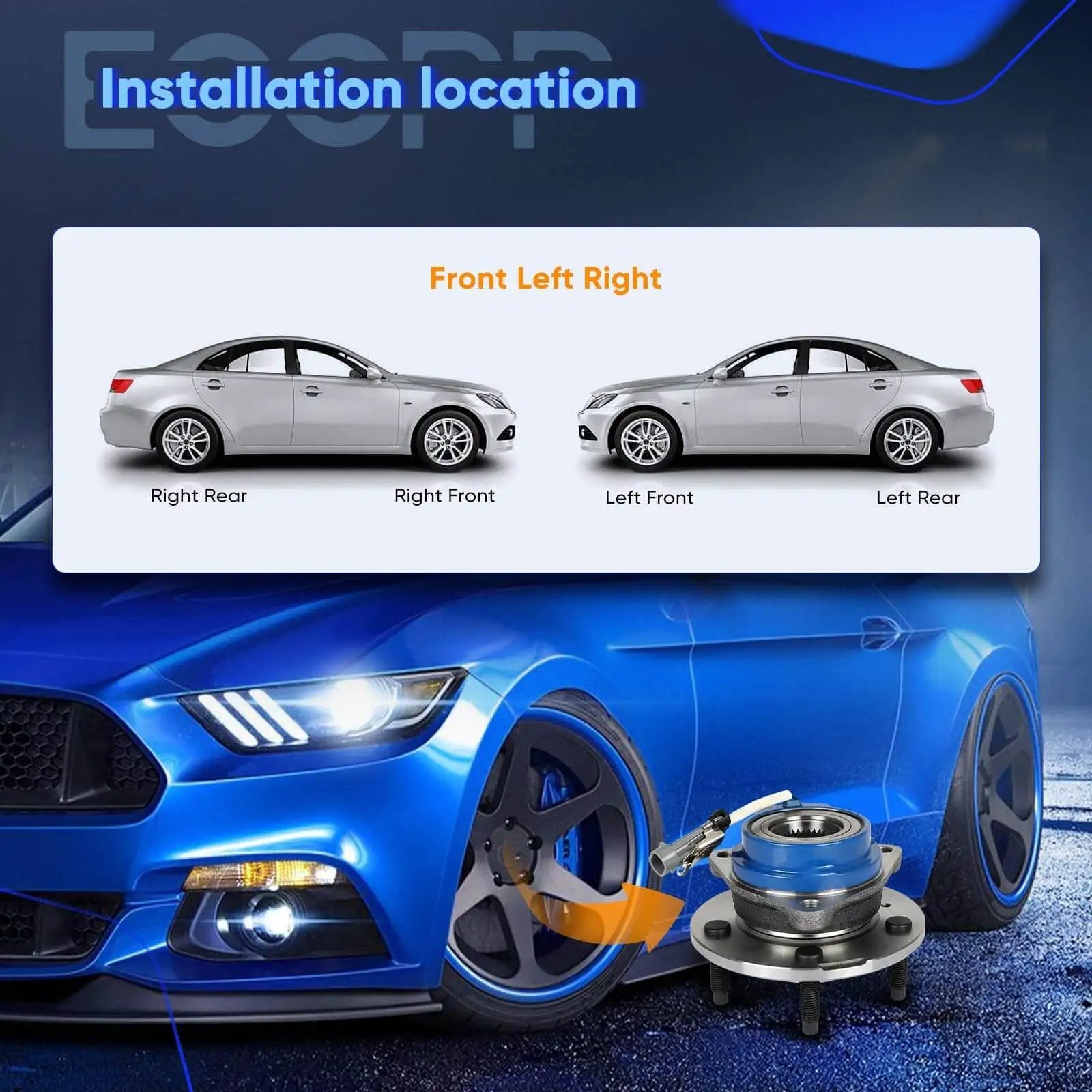 Pair 513121 5-Lug Front Wheel Hub and Bearing Assembly installation guide, showing placement on Buick and Chevrolet models