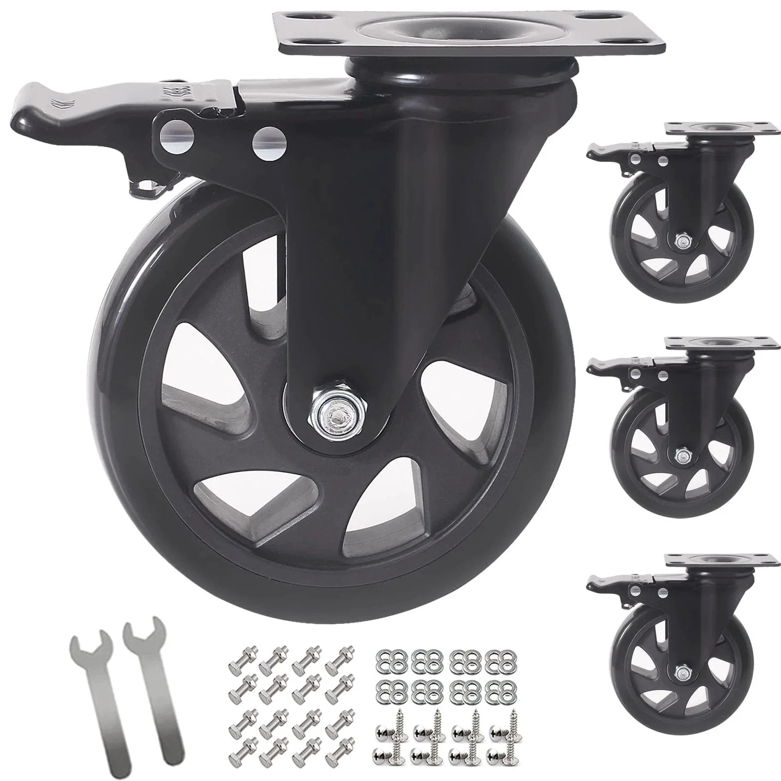 5 Inch Swivel Caster Wheels Set Of 4 Heavy Duty Casters With Brakes Polyurethane Locking Casters for cart and trolley, with tools