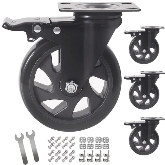 5 Inch Swivel Caster Wheels Set Of 4 Heavy Duty Casters With Brakes Polyurethane Locking Casters for cart and trolley, with tools