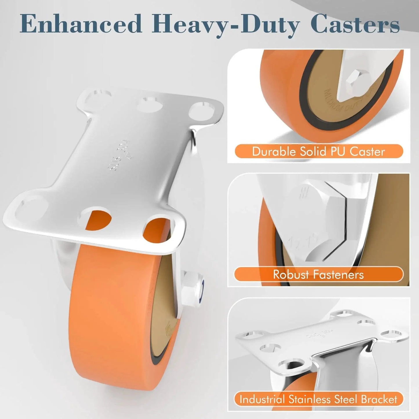 Rigid 4 Inch Stainless Steel Caster Wheel Set Of 2 For Industrial Use featuring solid PU wheel and robust 304 stainless steel bracket.