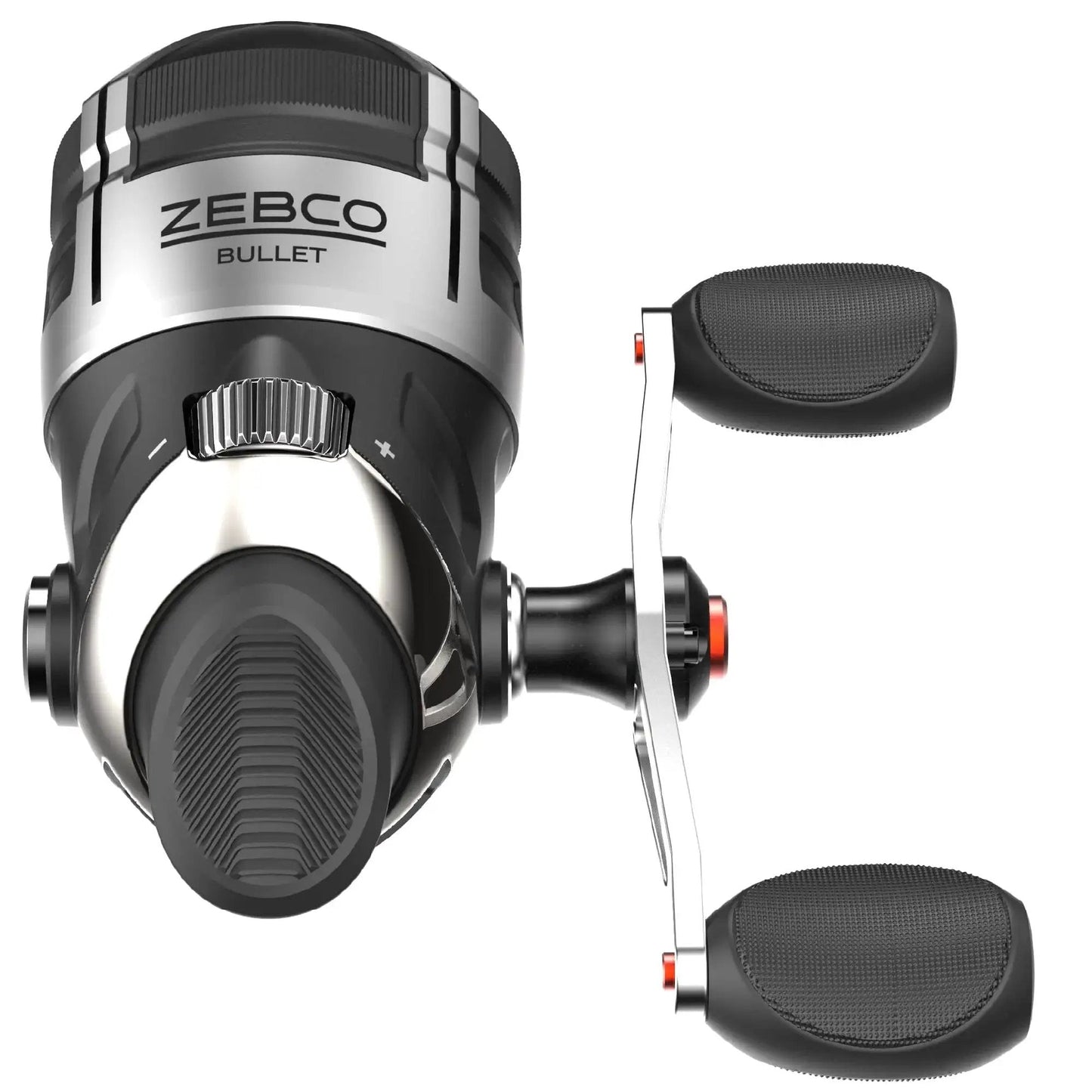 Front view of Bullet Spincast Fishing Reel With 28.9 Inches Per Turn Fast Retrieve 5.8 To 1 Gear Ratio All Metal Construction Solid Brass Pinion Gear Pre Spooled With 6 Pound Line Size 20 Black By Zebco.