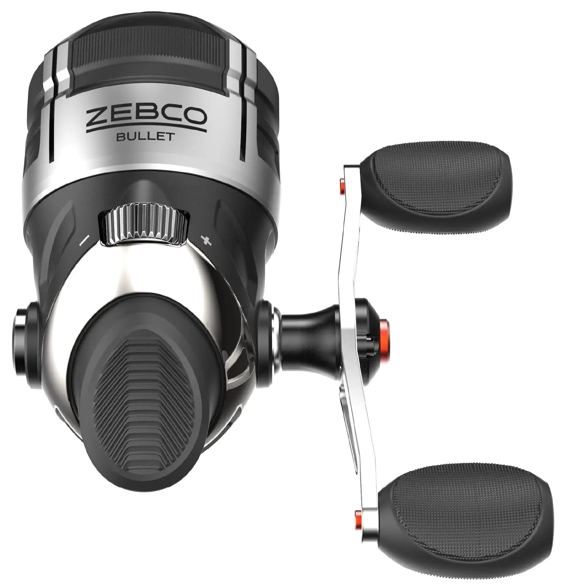 Front view of Bullet Spincast Fishing Reel With 28.9 Inches Per Turn Fast Retrieve 5.8 To 1 Gear Ratio All Metal Construction Solid Brass Pinion Gear Pre Spooled With 6 Pound Line Size 20 Black By Zebco.