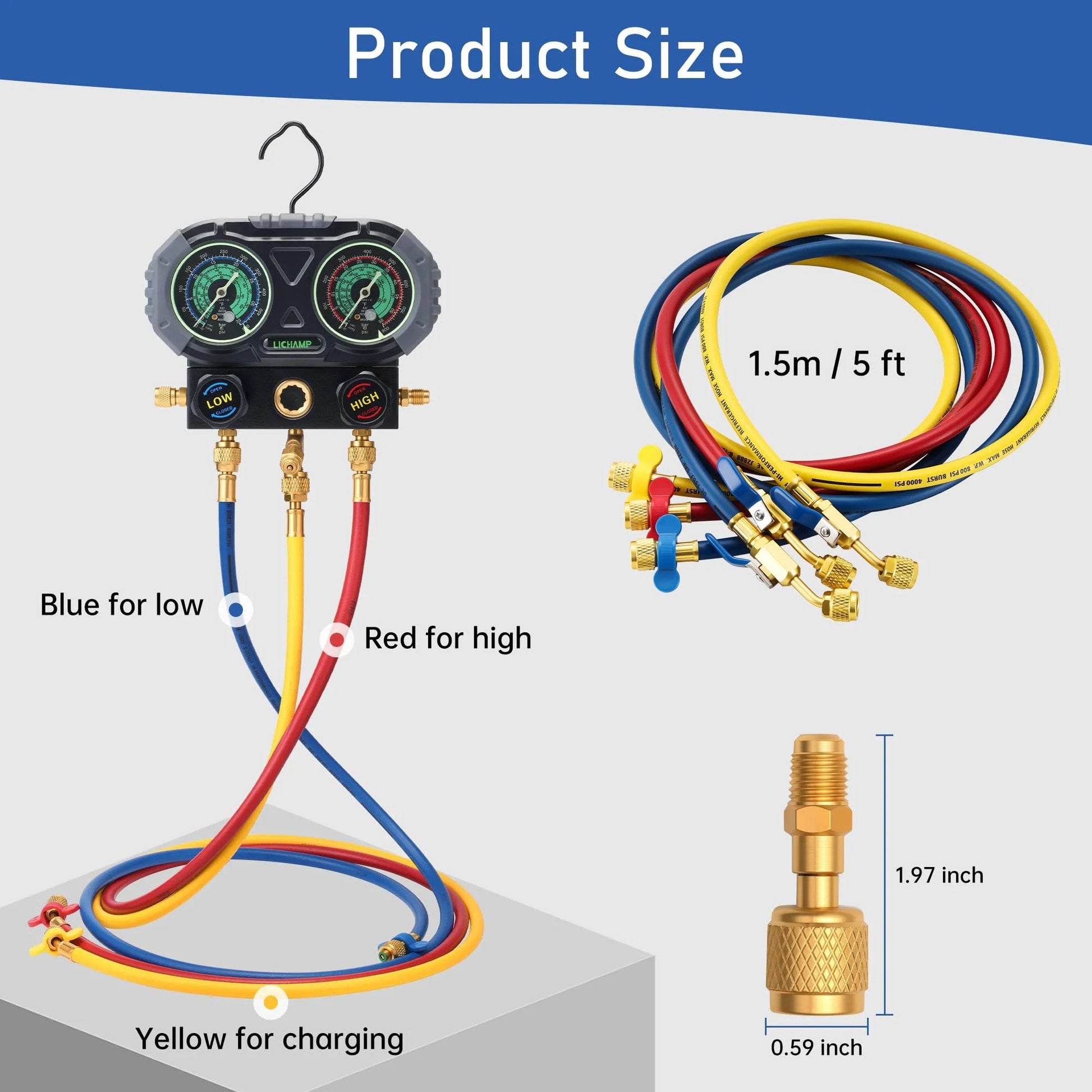 Color Coded A2L Refrigerant Hose Set With Ball Valve Sixty Inch Length One Quarter Inch Left Handed R454B Adapter For R1234YF And R454B HVAC Systems Three Pack Ergonomic Wrench Included High Pressure And Wide Temperature Resilience shown with gauges and hose measurements