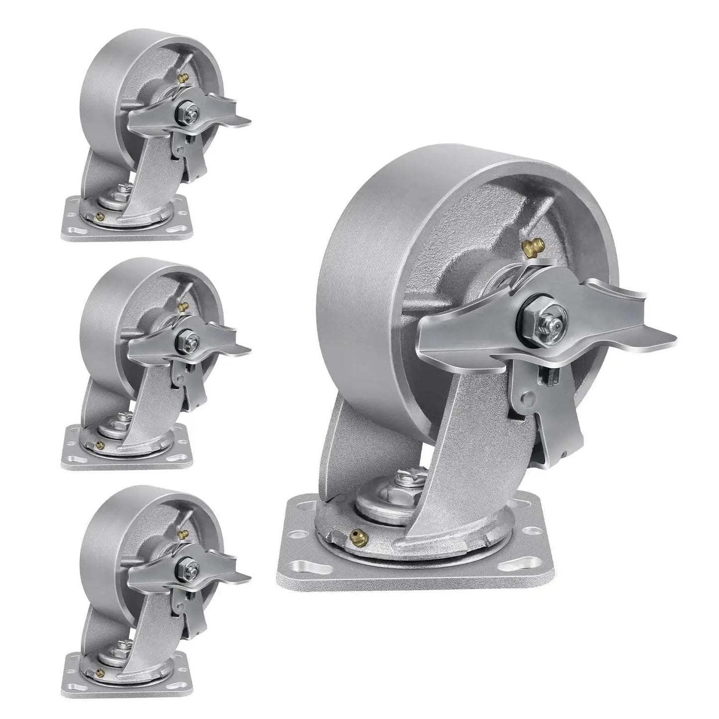 Heavy Duty Industrial Caster Wheels Set 5 Inch By 2 Inch Cast Iron Hubs With Roller Bearings 4000 LB Capacity, set of four with brakes.