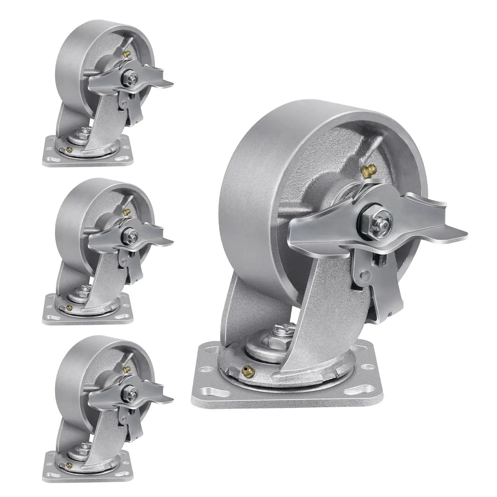 Heavy Duty Industrial Caster Wheels Set 5 Inch By 2 Inch Cast Iron Hubs With Roller Bearings 4000 LB Capacity, set of four with brakes.