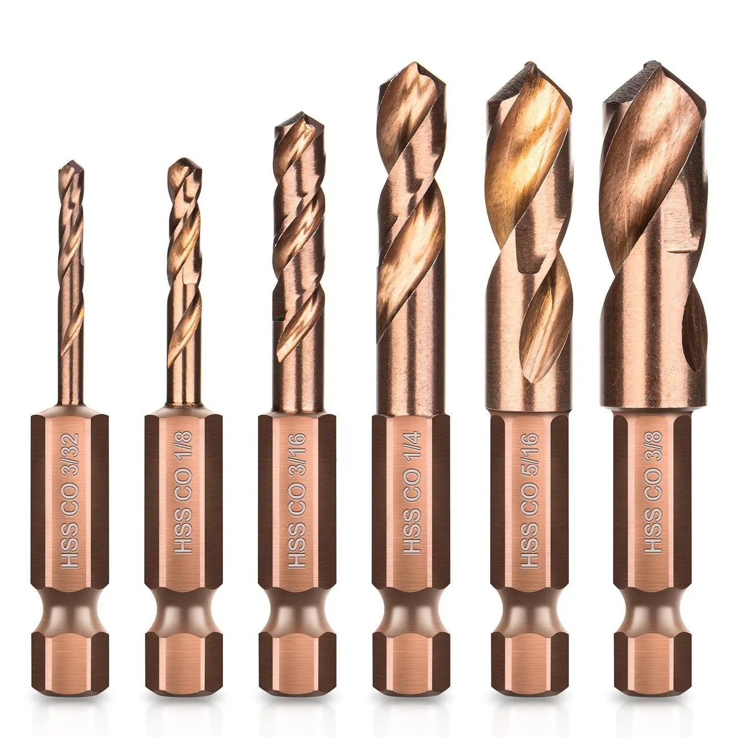 Six Piece M35 Cobalt Stubby Drill Bit Set For Metal With Hex Shank Includes Sizes Three Thirty Second Inch One Eighth Inch Three Sixteenth Inch One Quarter Inch Five Sixteenth Inch Three Eighths Inch For Hardened Steel Carbide Wood Plastic
