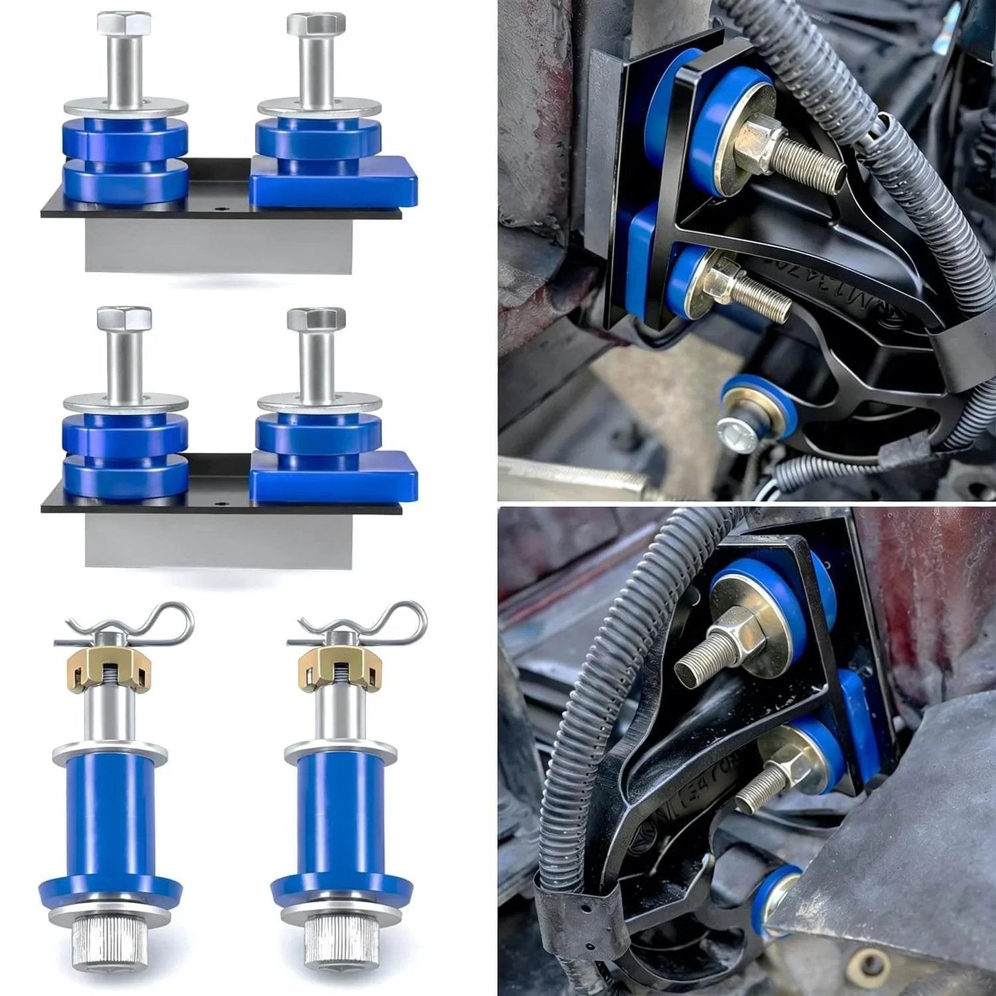 Hood Hinge Pivot Bolt Kit With Bushing And Mounting Bolts for 378 and 379 Hoods showing components and installation on vehicle