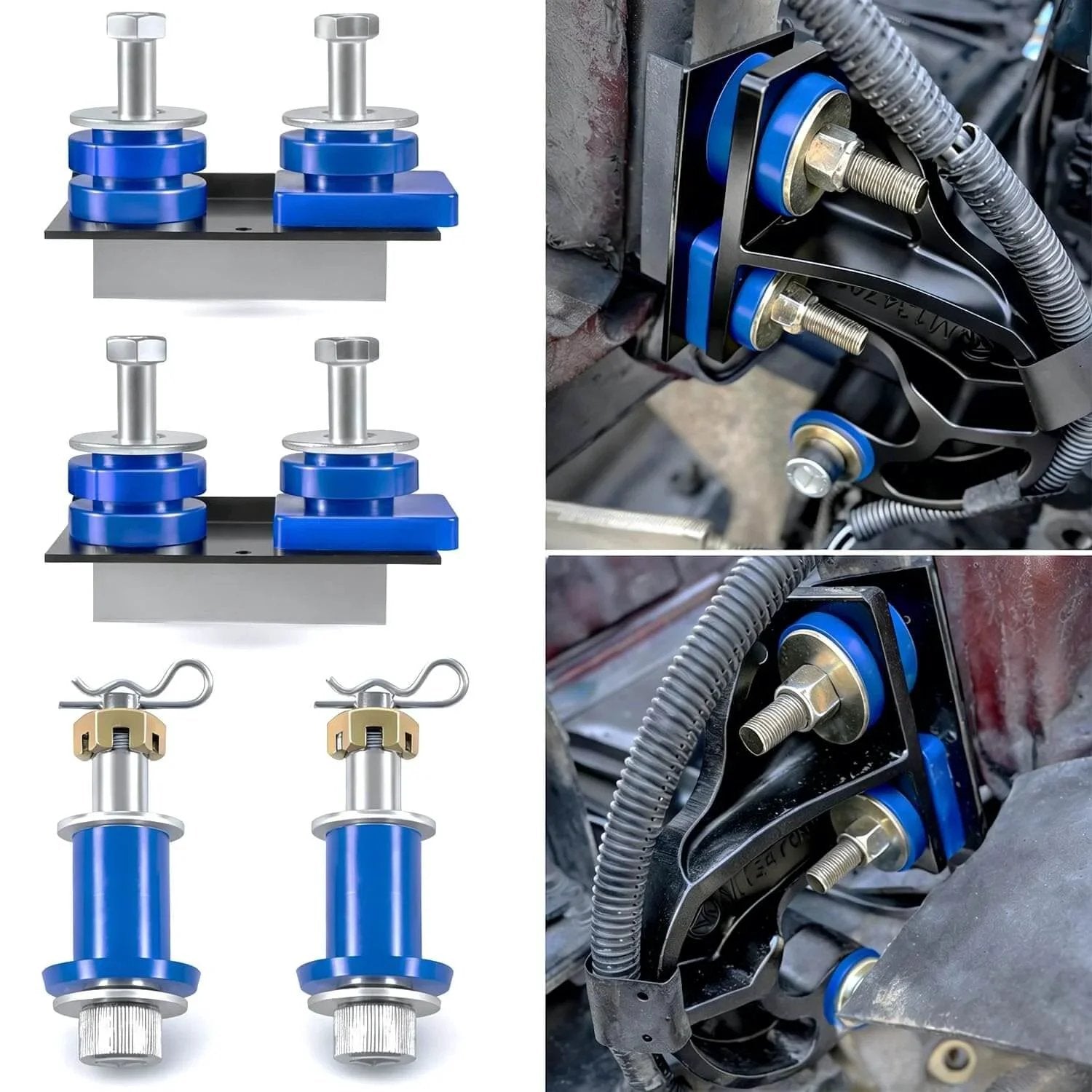 Hood Hinge Pivot Bolt Kit With Bushing And Mounting Bolts for 378 and 379 Hoods showing components and installation on vehicle
