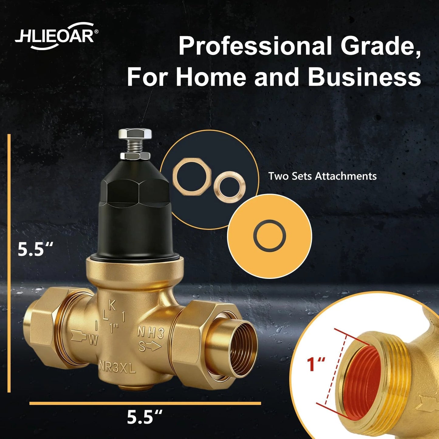 Water Pressure Reducing Valve 1 Inch NR3XLDU With Double Union FNPT Connection, bronze body, side view with attachments