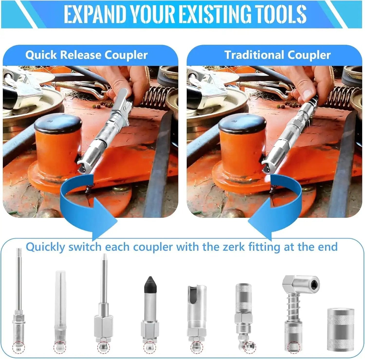 Comparison of quick release and traditional couplers from the Grease Gun Coupler Kit With 9 Pieces Quick Connect Greasing Accessories 12 Inch Flex Hose And Roll Up Case For Reaching Any Grease Fitting One Eighth Inch NPT Thread Zerk Fittings Perfect For Quick Release Couplers, showcasing multiple zerk fitting adapters.