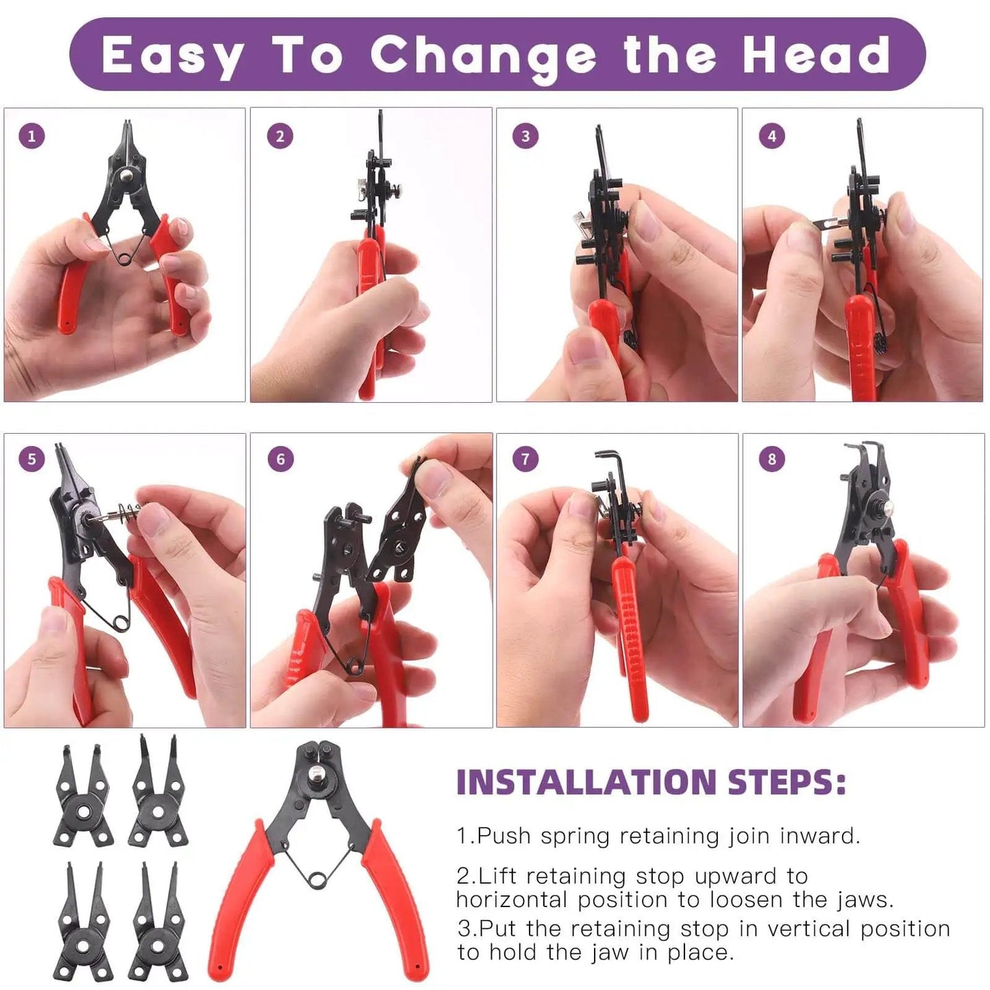 Instructional guide showing how to change the head on All In One 4 In 1 Snap Ring Pliers Kit With 262 Pcs External And Internal Retaining Rings