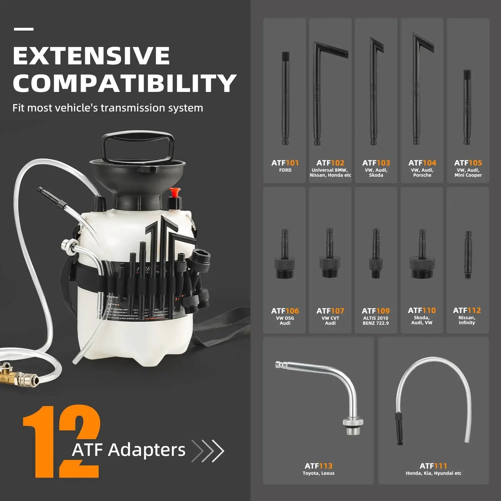 3L Manual Transmission Fluid Transfer Pump Kit With ATF Adapters For Automotive with 12 adapter types shown