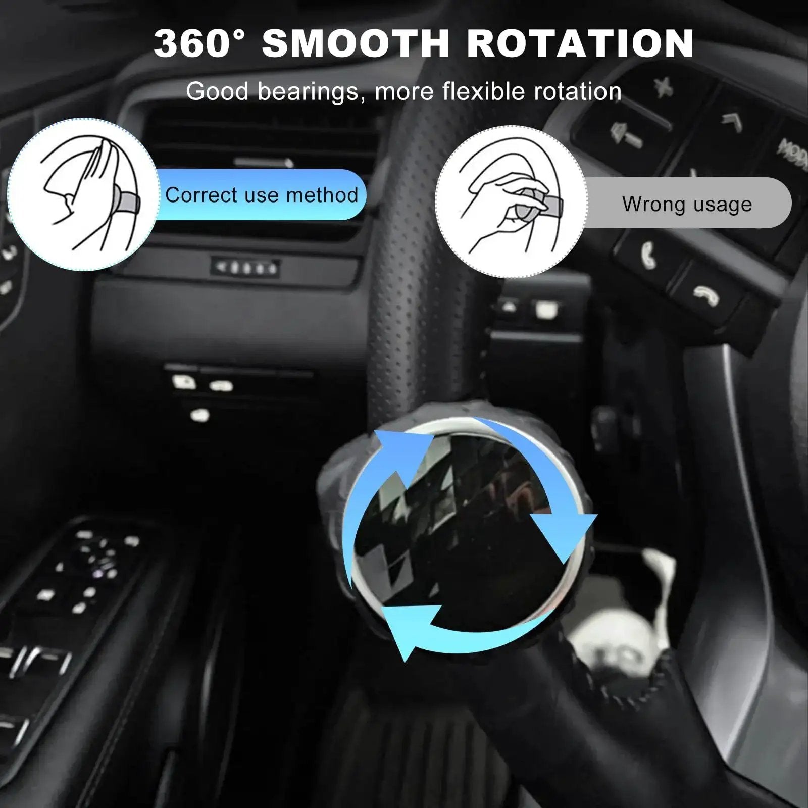 Durable Steering Wheel Spinner Knob For Easy One-Hand Driving, 360 Degree Rotation With Metal Bearing, Power Handle mounted on car steering wheel.