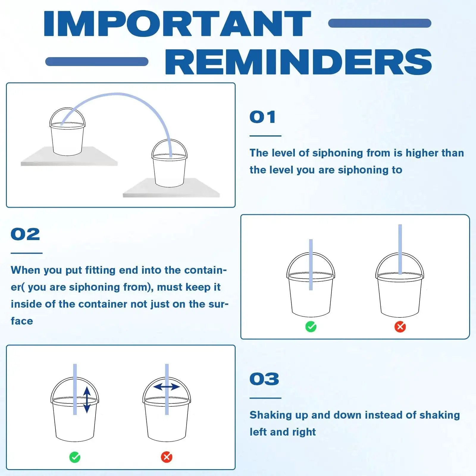 Instructions for using One Half Inch Siphon Hose for Gasoline and Water Transfer Self Priming 10ft with important reminders.
