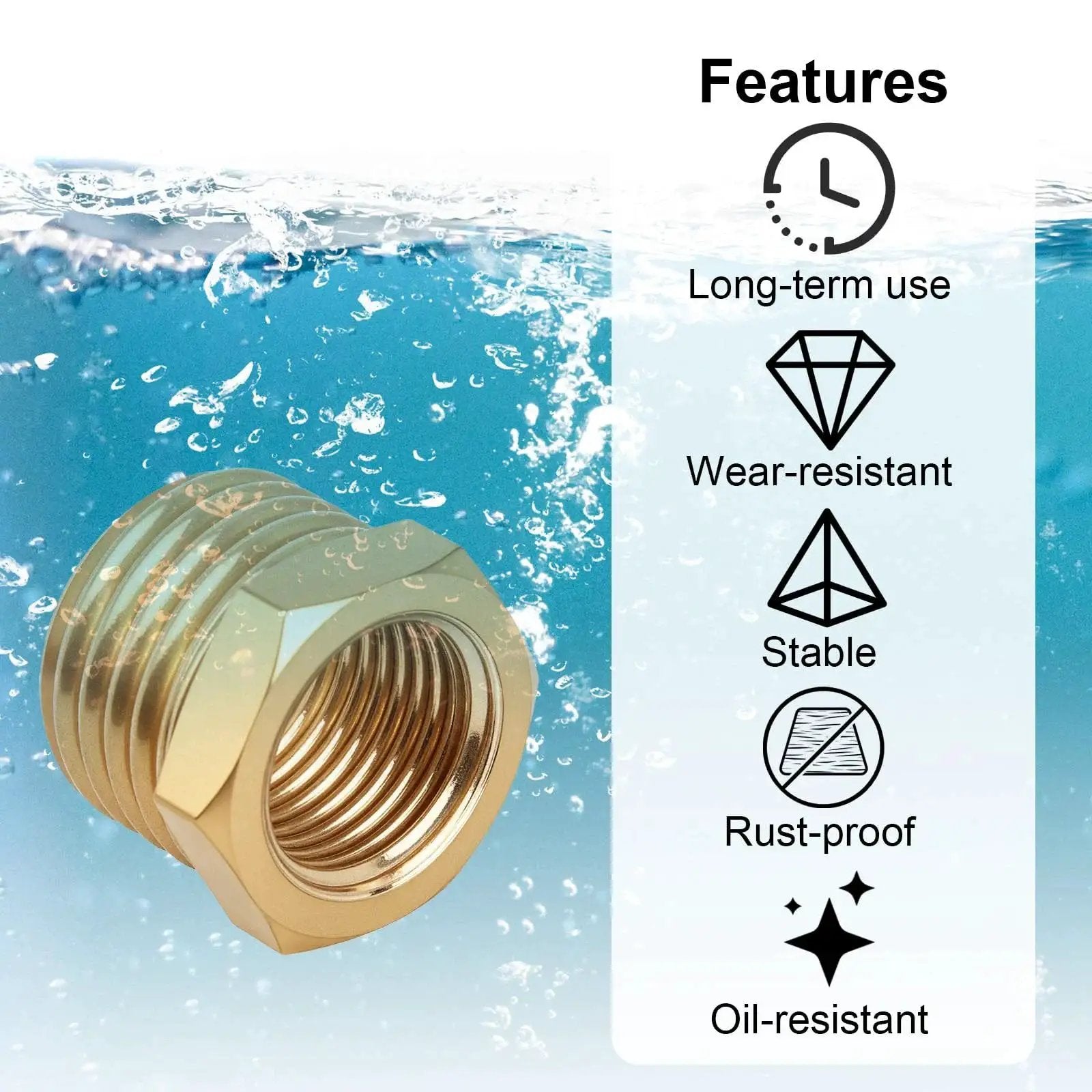 Brass Hex Bushing Reducer One Quarter Inch NPT Male To One Eighth Inch NPT Female Pipe Fitting Adapter showing features like wear-resistance and rust-proof.