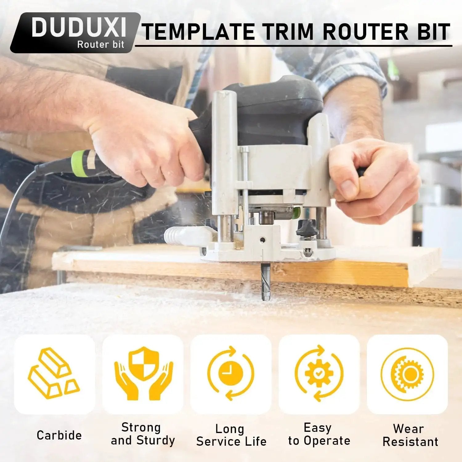Carbide Compression Flush Trim Router Bit With One Quarter Inch Shank, Top And Bottom Bearing, Four Flutes in use on wood.