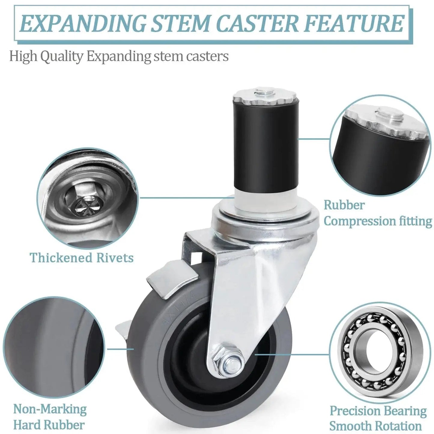 Four Inch Prep Table Casters Set Of Four Heavy Duty Expanding Stem Wheel Casters With Brakes showing thickened rivets and rubber fitting