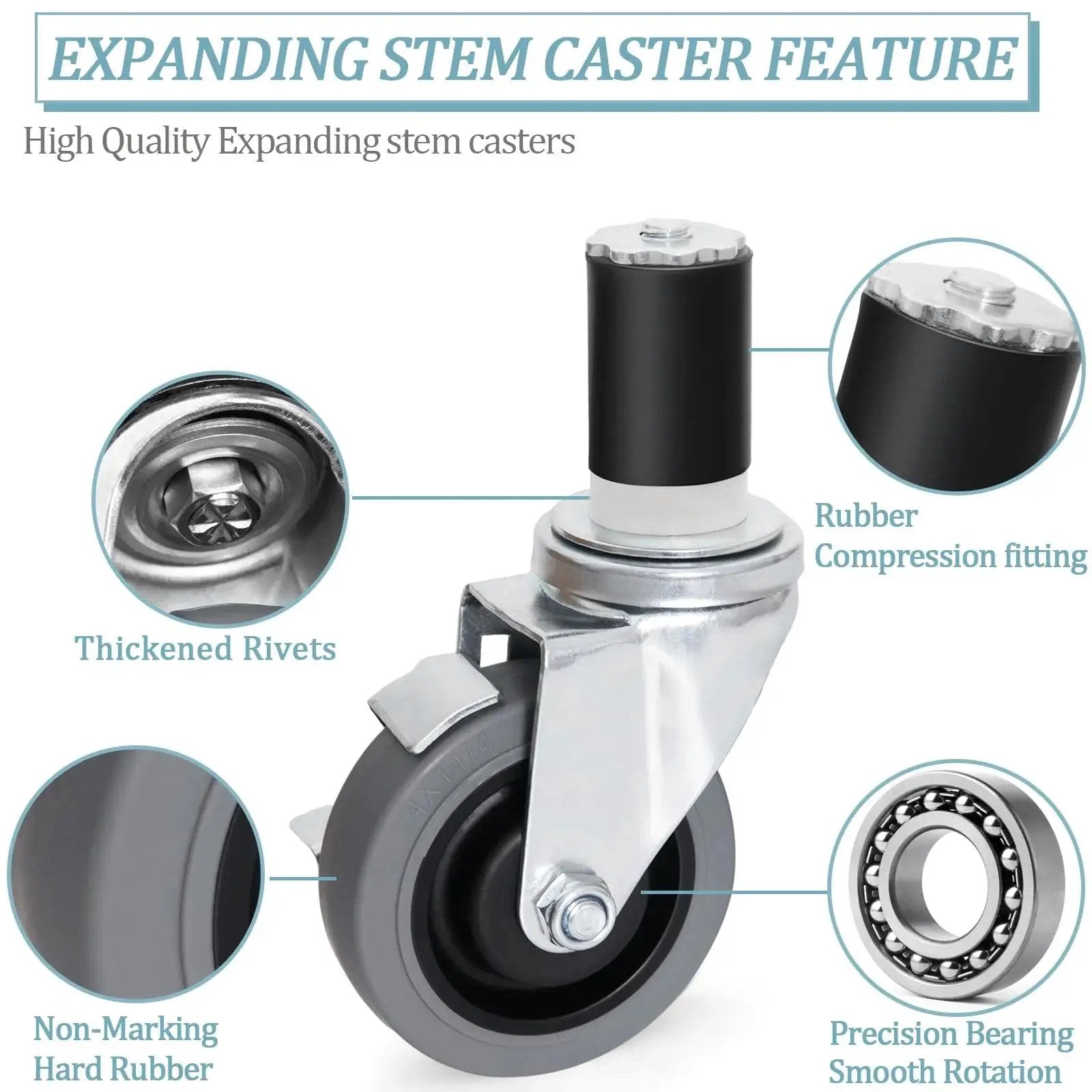 Four Inch Prep Table Casters Set Of Four Heavy Duty Expanding Stem Wheel Casters With Brakes showing thickened rivets and rubber fitting