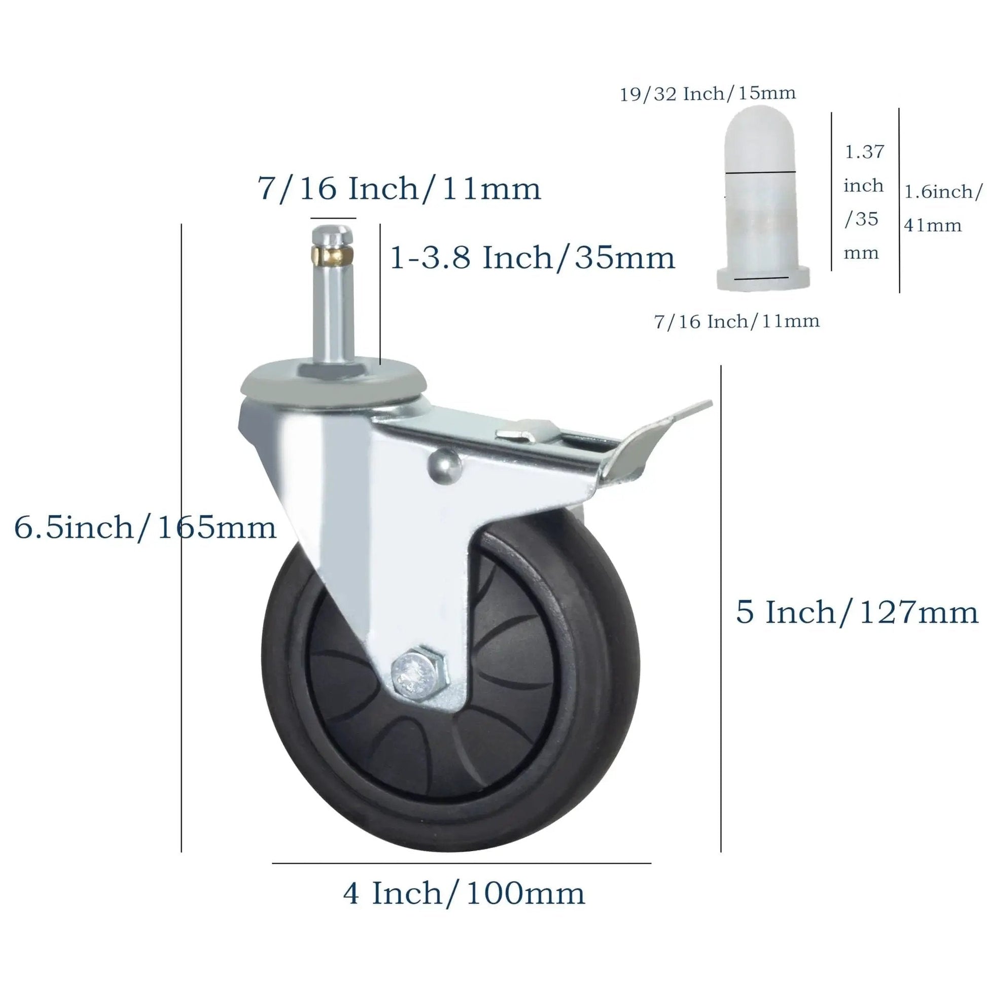 Stem Caster Wheels With Brakes, Swivel TPR Casters Set Of Four, Seven Sixteenths By One And Three Eighths Inch Stem, 4-Inch Wheel