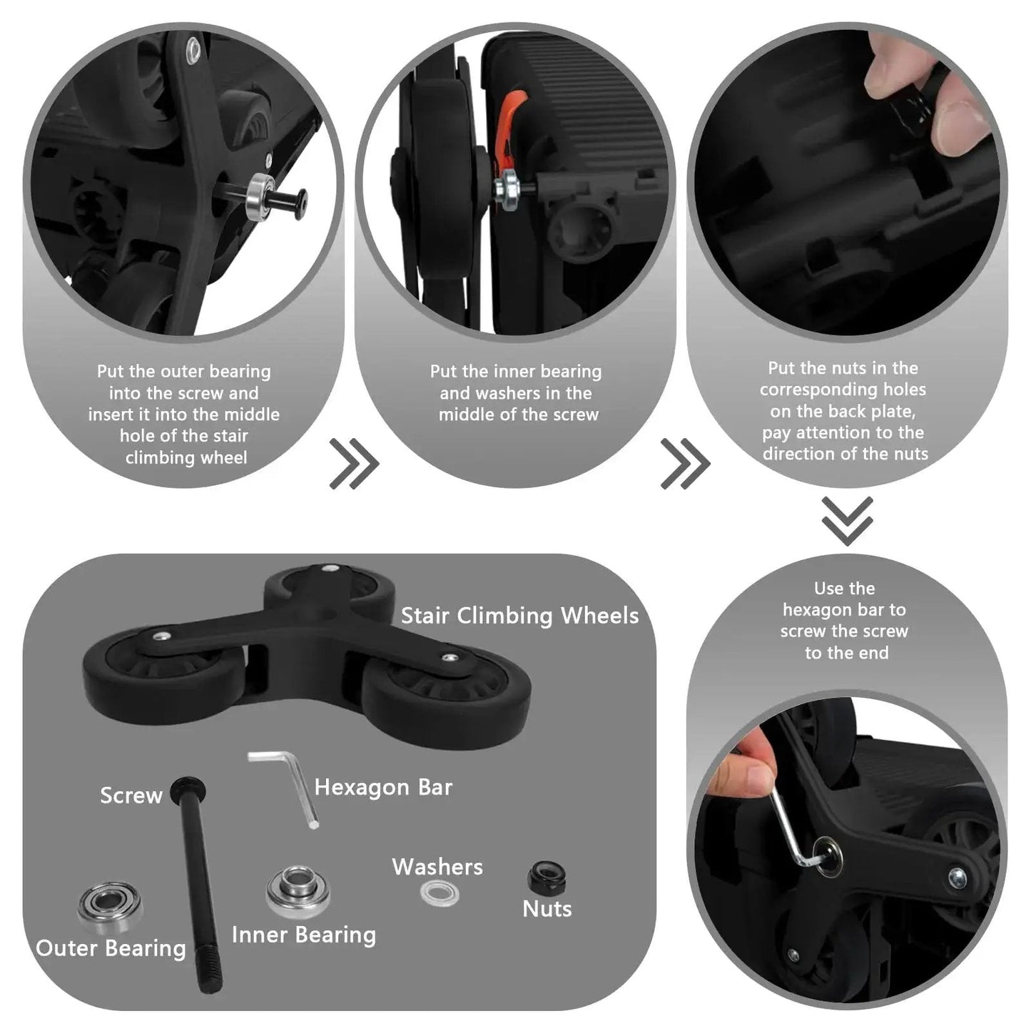 Installation guide for Two Pack Triangle Stair Climbing Wheels For Shopping Cart And Laundry Trolley Replacement Compatible With BY06C BY10C Foldable Carts.