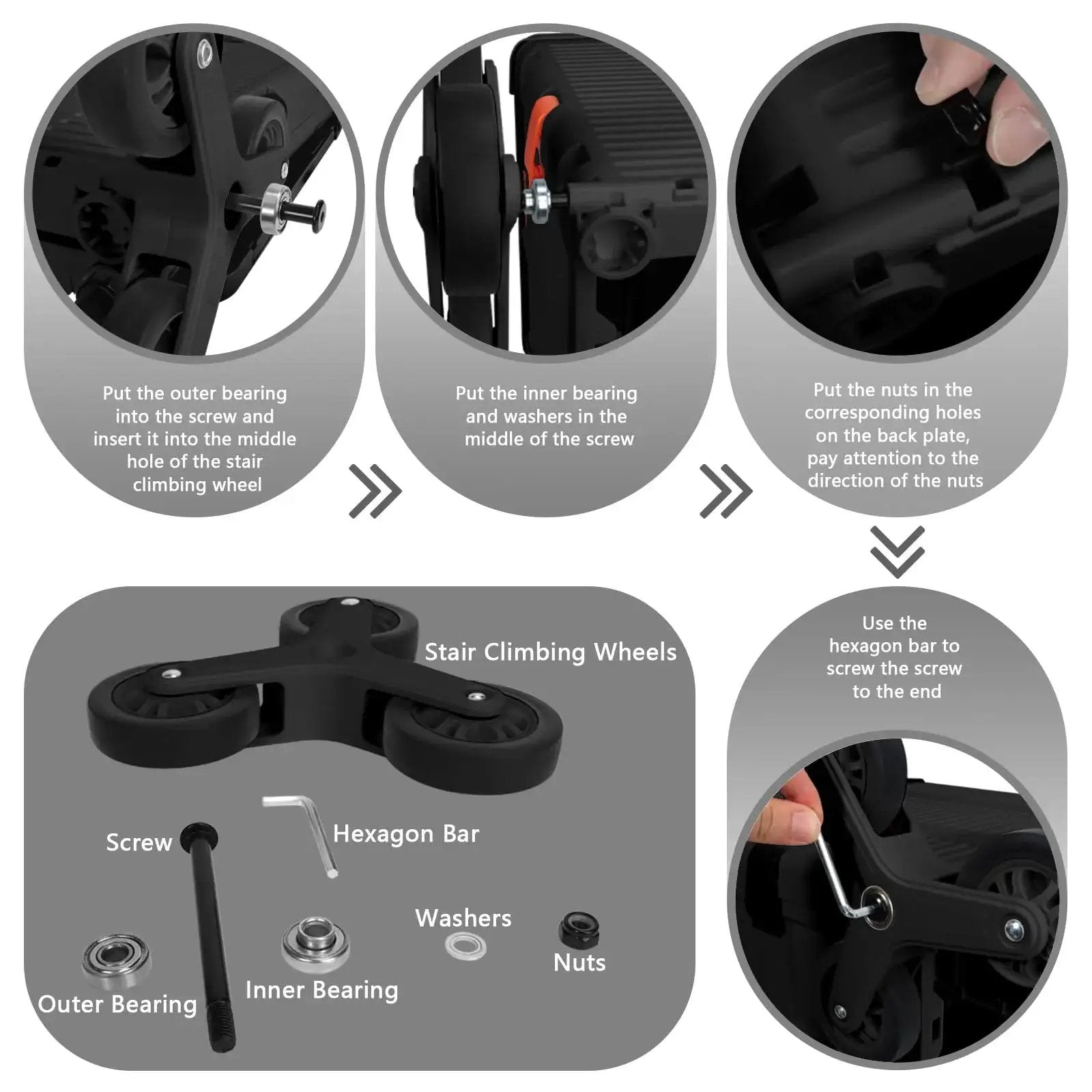 Installation guide for Two Pack Triangle Stair Climbing Wheels For Shopping Cart And Laundry Trolley Replacement Compatible With BY06C BY10C Foldable Carts.