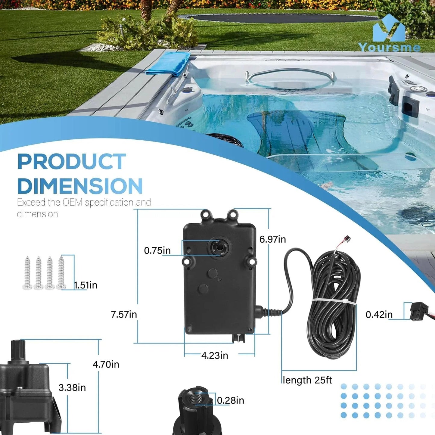 CVA24T Valve Actuator For 24VAC Pool Valves 2 Port Or 3 Port Replacement For Pentair 263045, showing dimensions and cable