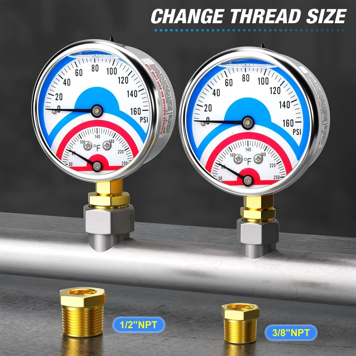 Pro Grade Stainless Steel Thermal Pressure Gauge 0 To 160 Psi With 2.5 Inch Dial Lower Mount One Quarter Inch NPT Temperature Range 30 To 250 F Liquid Filled For Air And Liquids Includes One Half NPT And Three Eighths NPT Hex Bushings shown with bushings