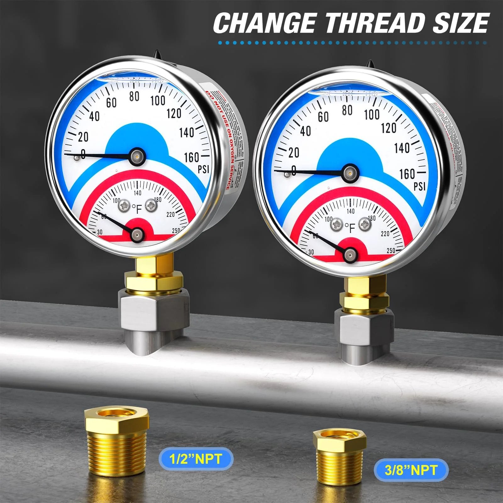Pro Grade Stainless Steel Thermal Pressure Gauge 0 To 160 Psi With 2.5 Inch Dial Lower Mount One Quarter Inch NPT Temperature Range 30 To 250 F Liquid Filled For Air And Liquids Includes One Half NPT And Three Eighths NPT Hex Bushings shown with bushings